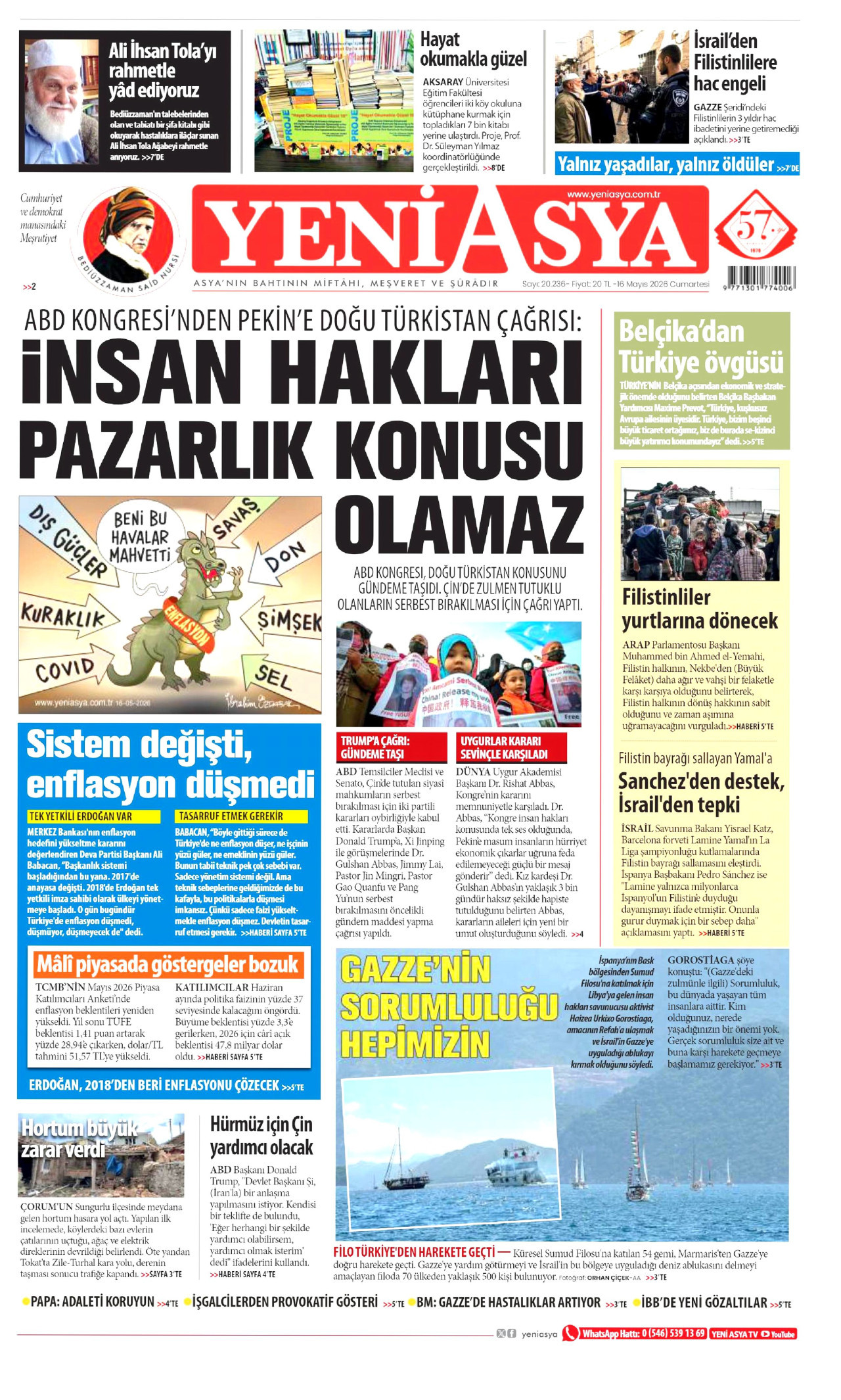Yeni Asya Gazetesi Manşeti - 16 Mayıs 2026 Birinci Sayfa