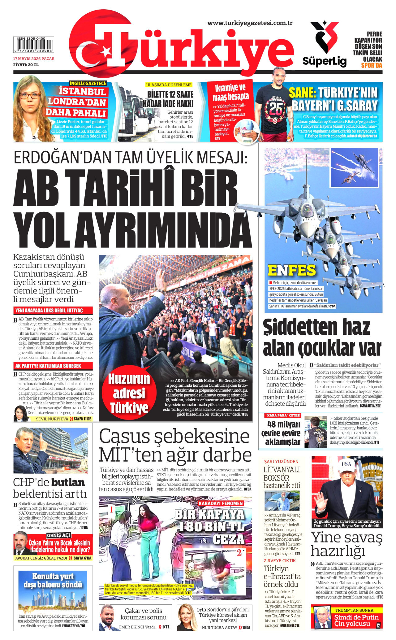 Türkiye Gazetesi Gazetesi Manşeti - 17 Mayıs 2026 Birinci Sayfa