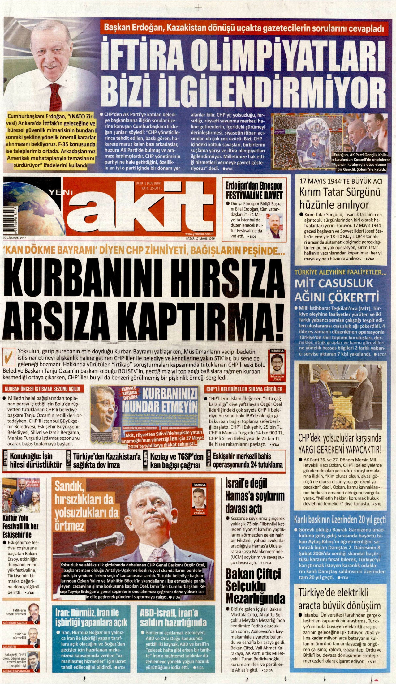 Yeni Akit Gazetesi Manşeti - 17 Mayıs 2026 Birinci Sayfa