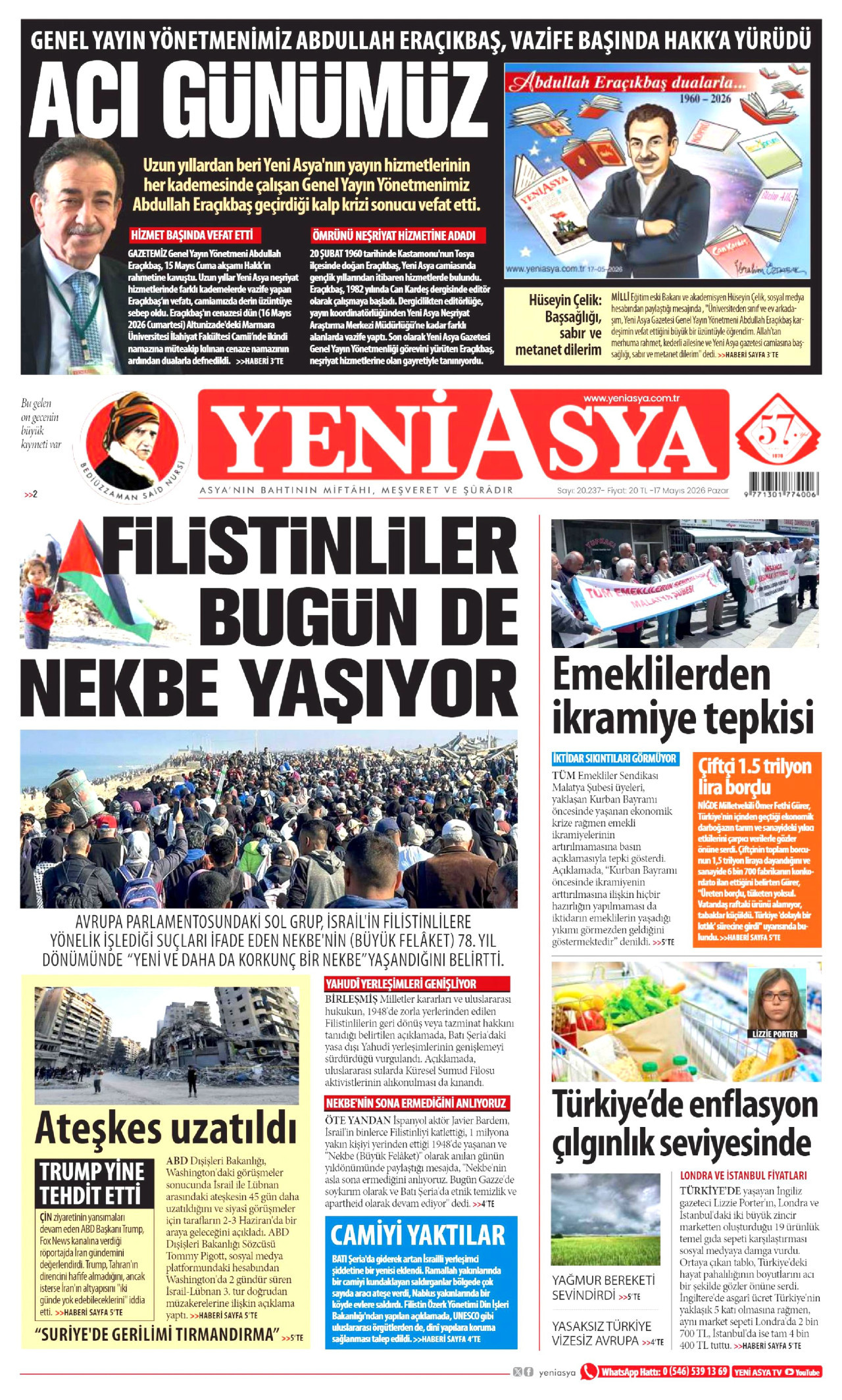 Yeni Asya Gazetesi Manşeti - 17 Mayıs 2026 Birinci Sayfa