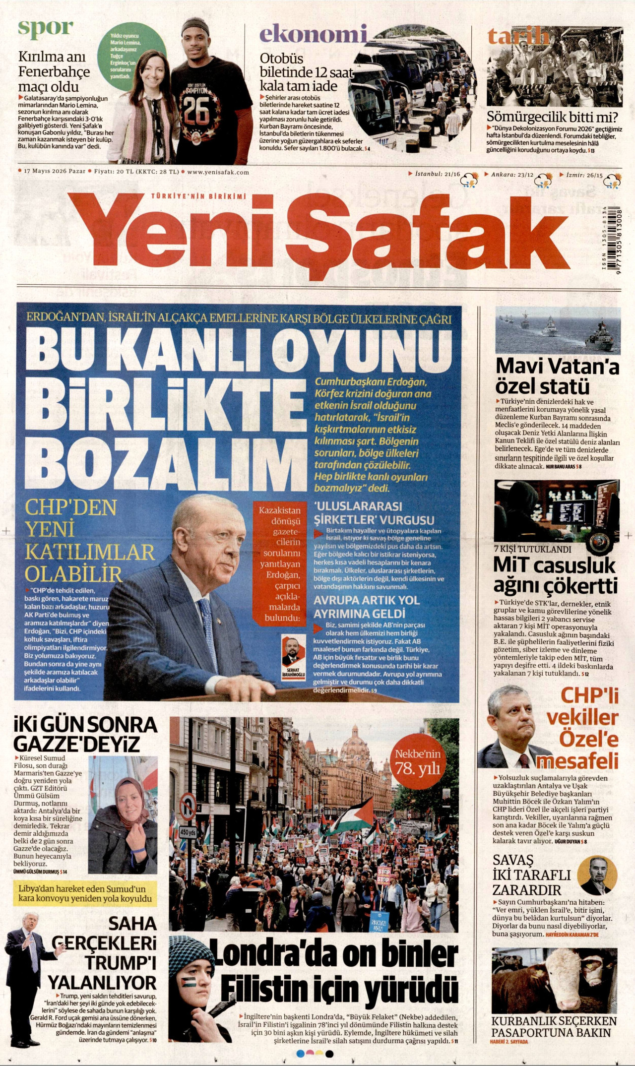 Yeni Şafak Gazetesi Manşeti - 17 Mayıs 2026 Birinci Sayfa
