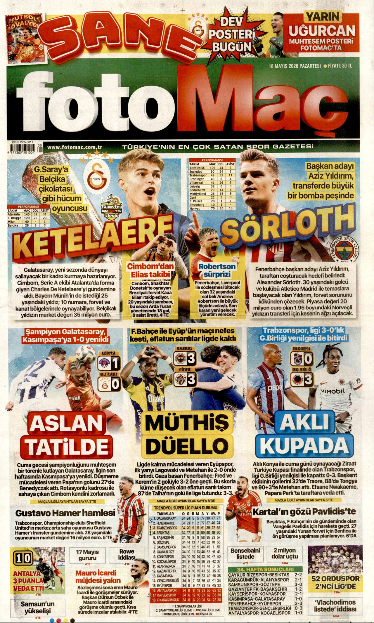 Fotomaç Gazetesi Manşeti - 18 Mayıs 2026 Birinci Sayfa