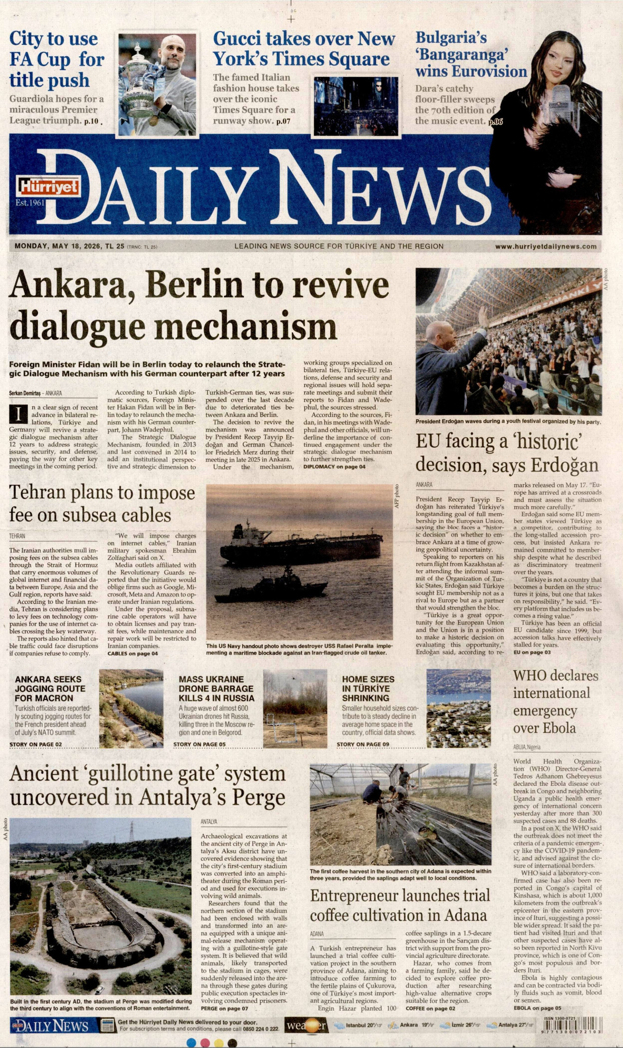 Hürriyet Daily News Gazetesi Manşeti - 18 Mayıs 2026 Birinci Sayfa