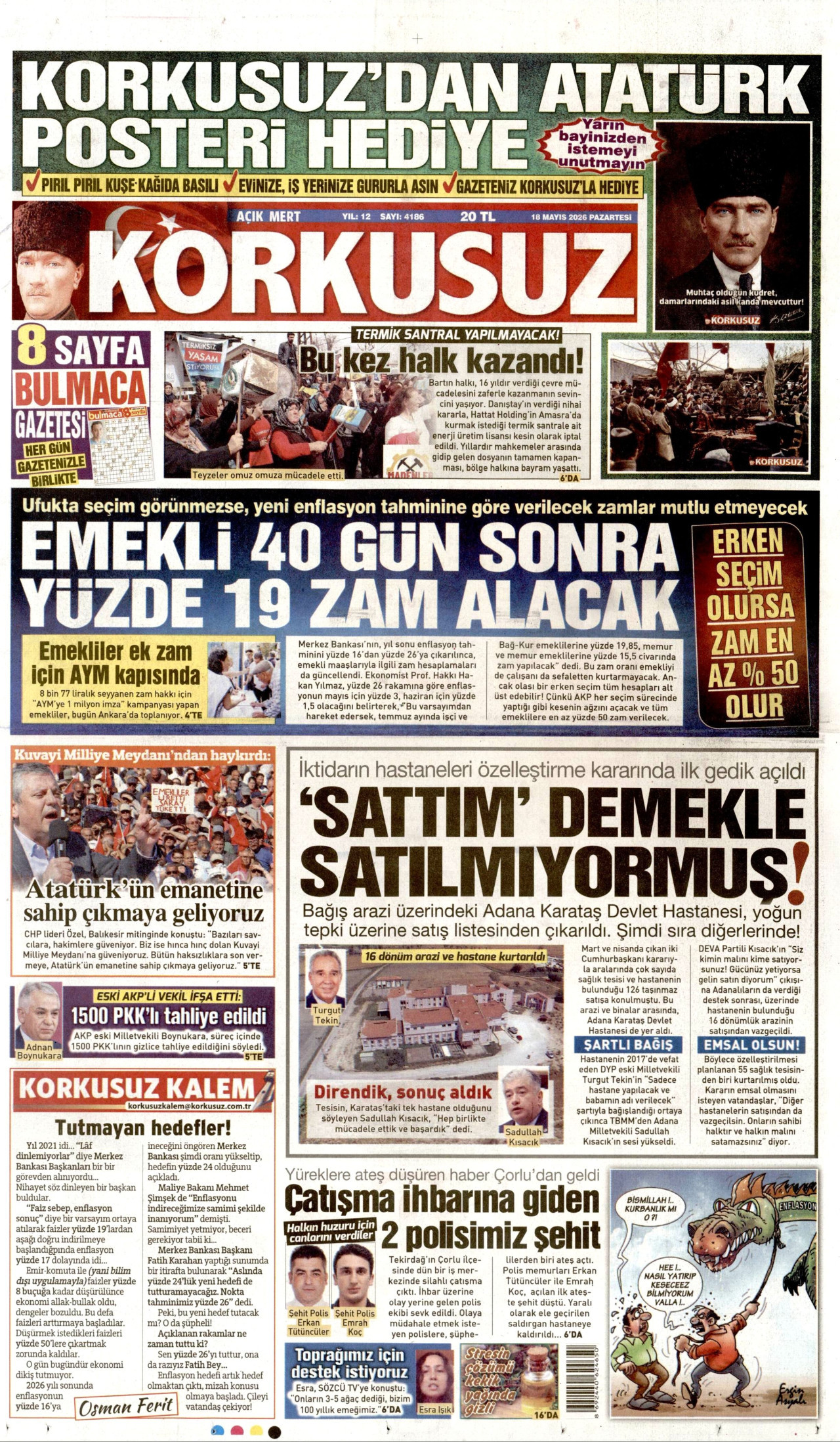 Korkusuz Gazetesi Manşeti - 18 Mayıs 2026 Birinci Sayfa