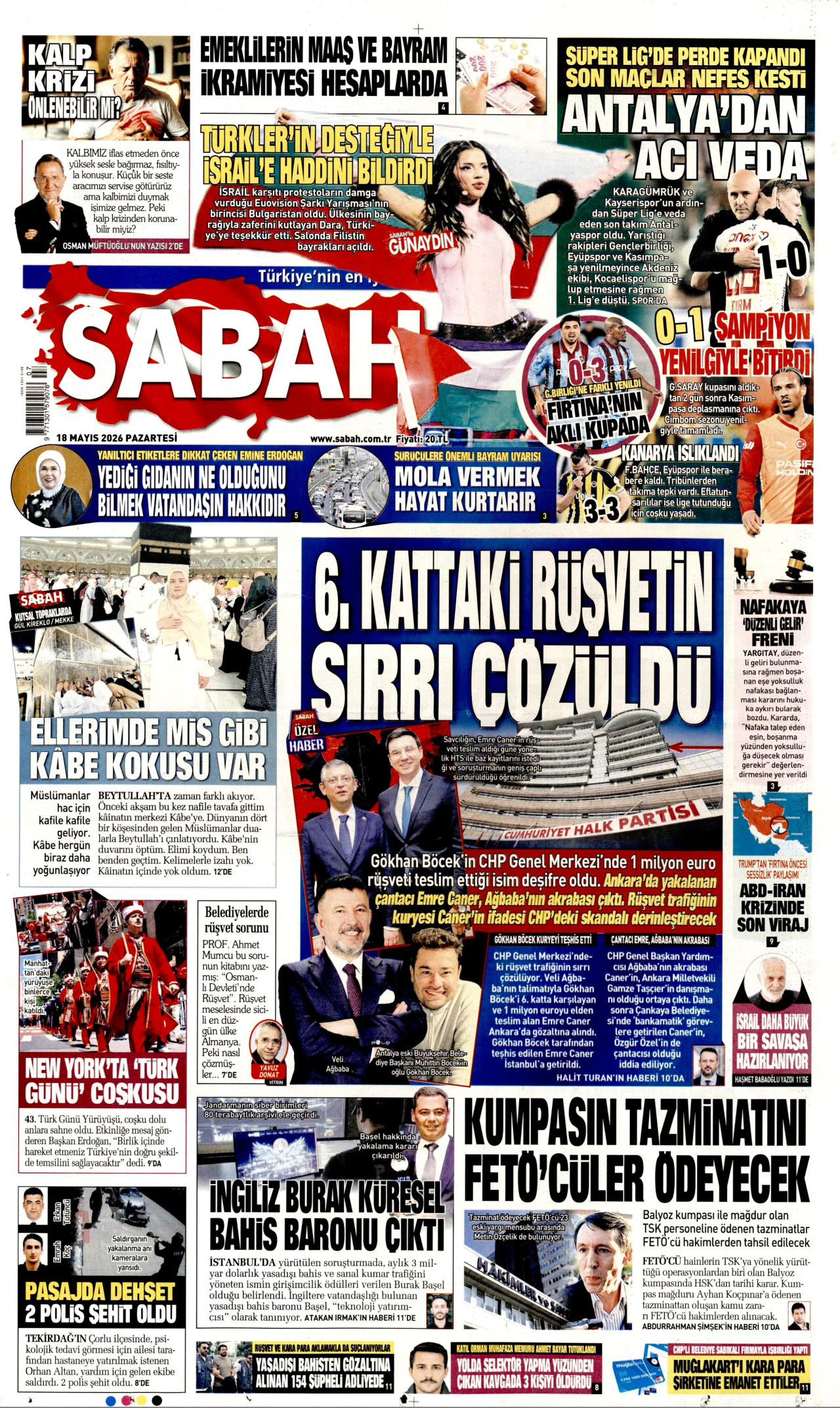 Sabah Gazetesi Manşeti - 18 Mayıs 2026 Birinci Sayfa