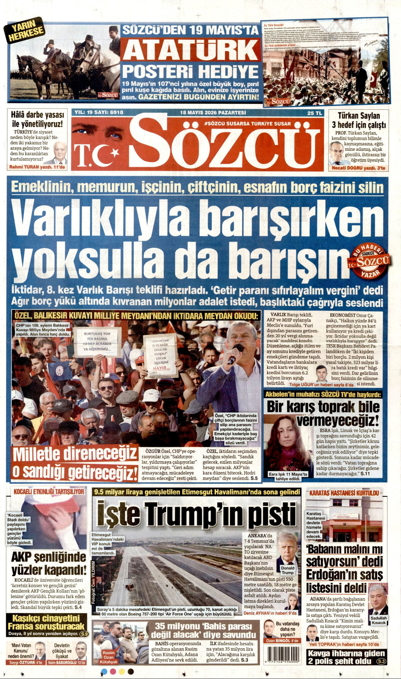 Sözcü Gazetesi Manşeti - 18 Mayıs 2026 Birinci Sayfa
