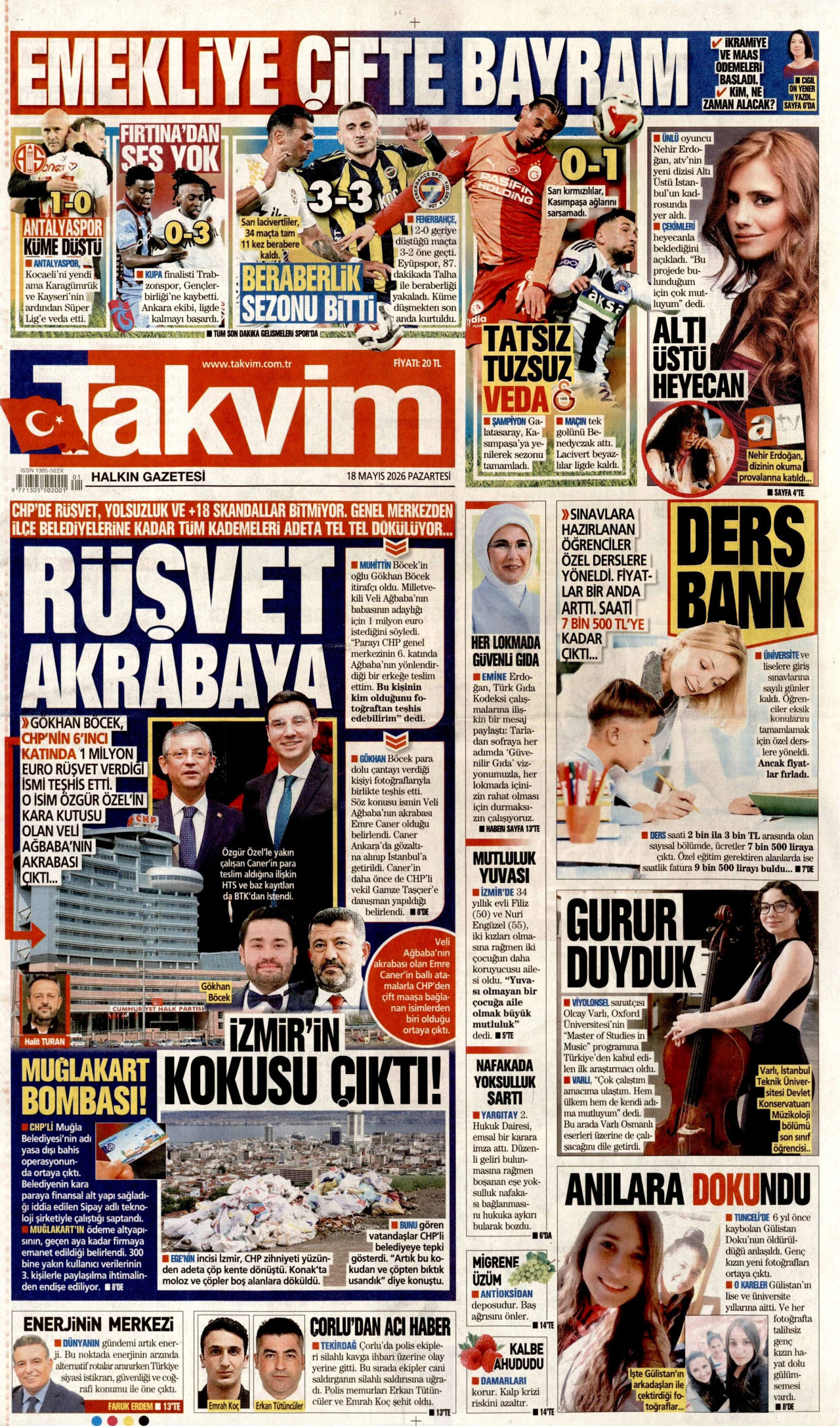 Takvim Gazetesi Manşeti - 18 Mayıs 2026 Birinci Sayfa