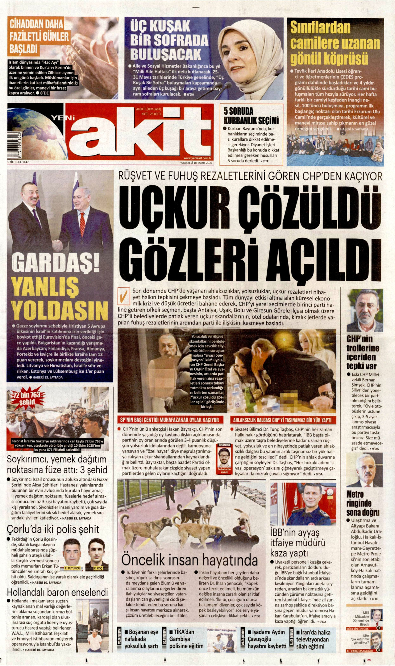 Yeni Akit Gazetesi Manşeti - 18 Mayıs 2026 Birinci Sayfa