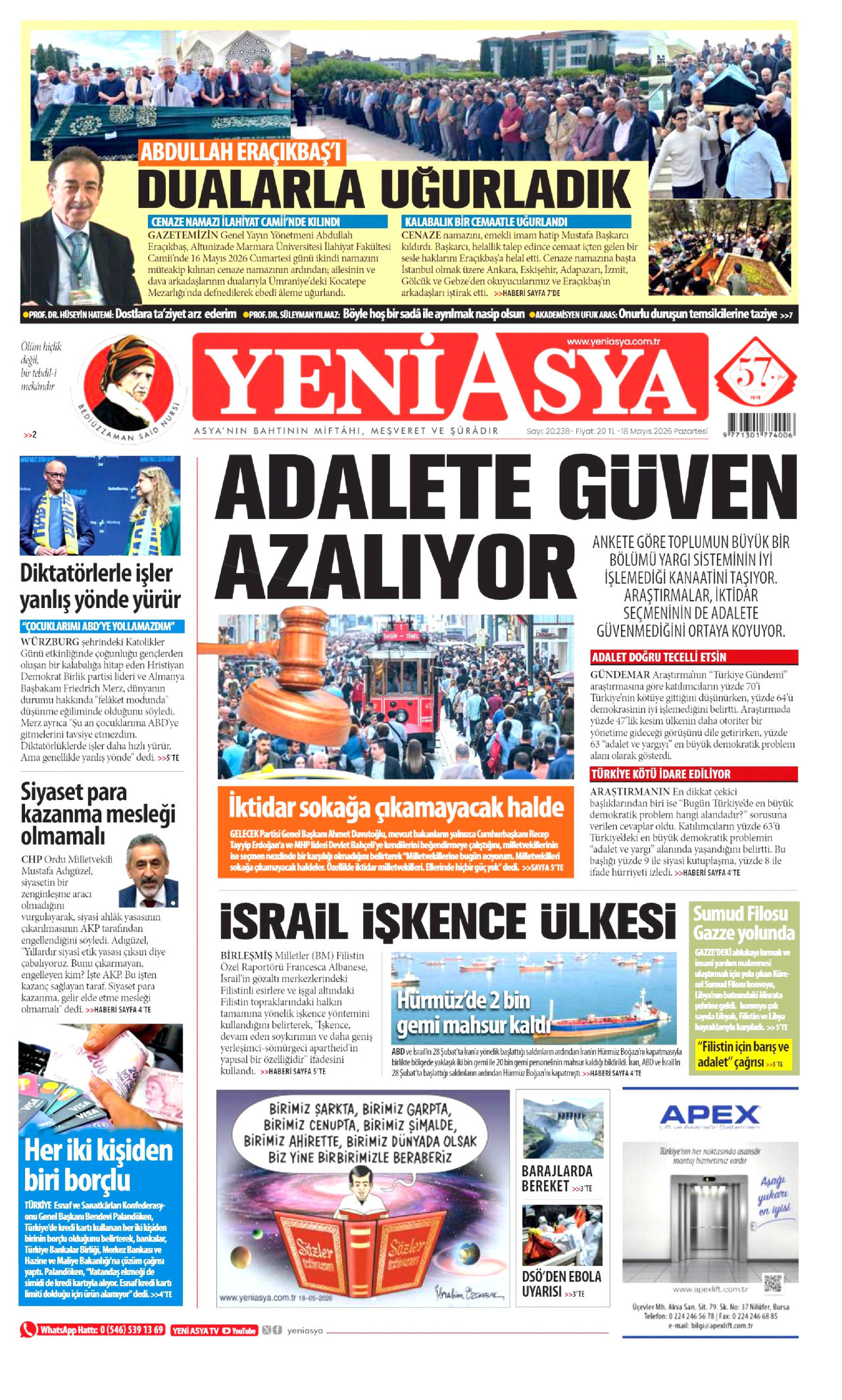 Yeni Asya Gazetesi Manşeti - 18 Mayıs 2026 Birinci Sayfa