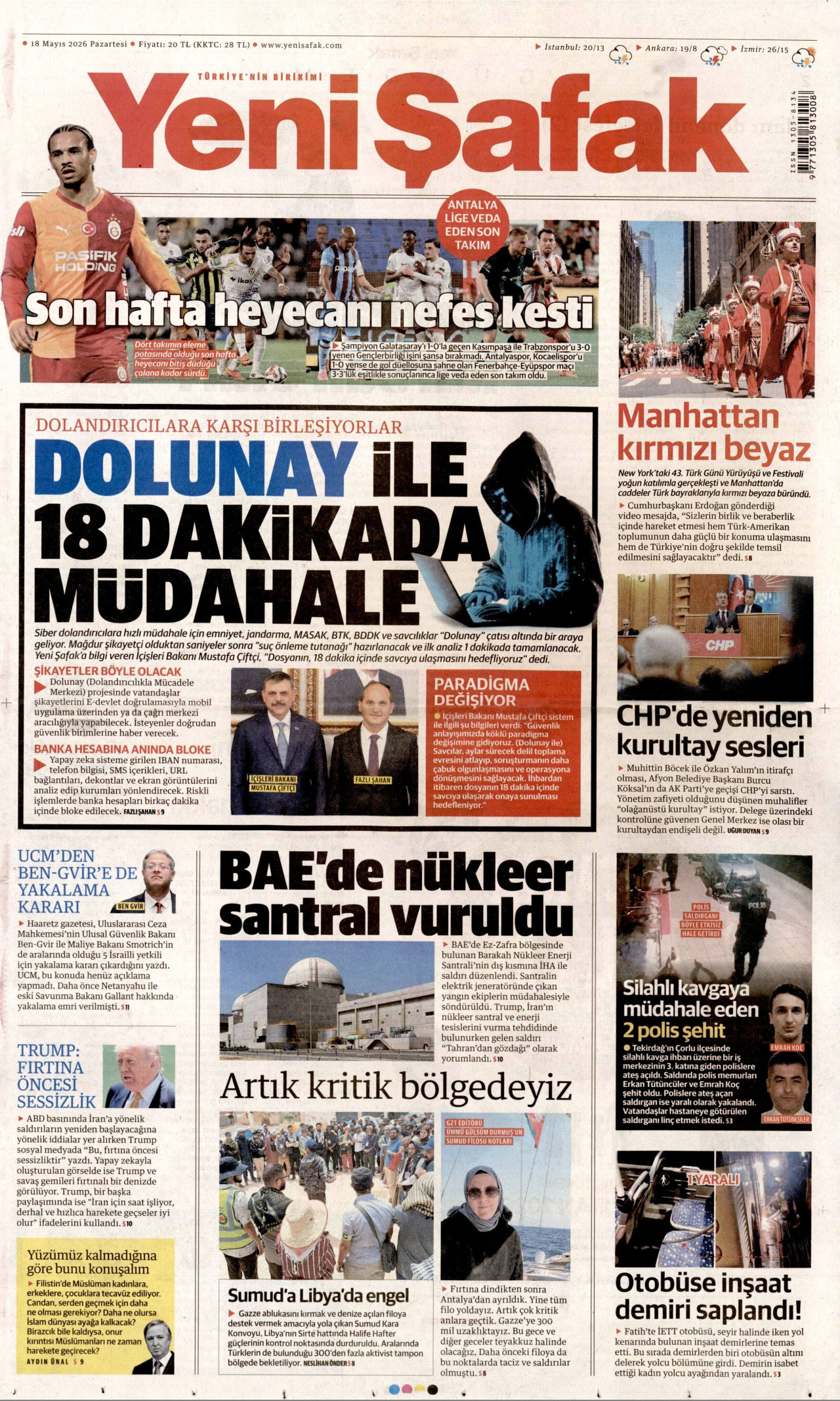 Yeni Şafak Gazetesi Manşeti - 18 Mayıs 2026 Birinci Sayfa