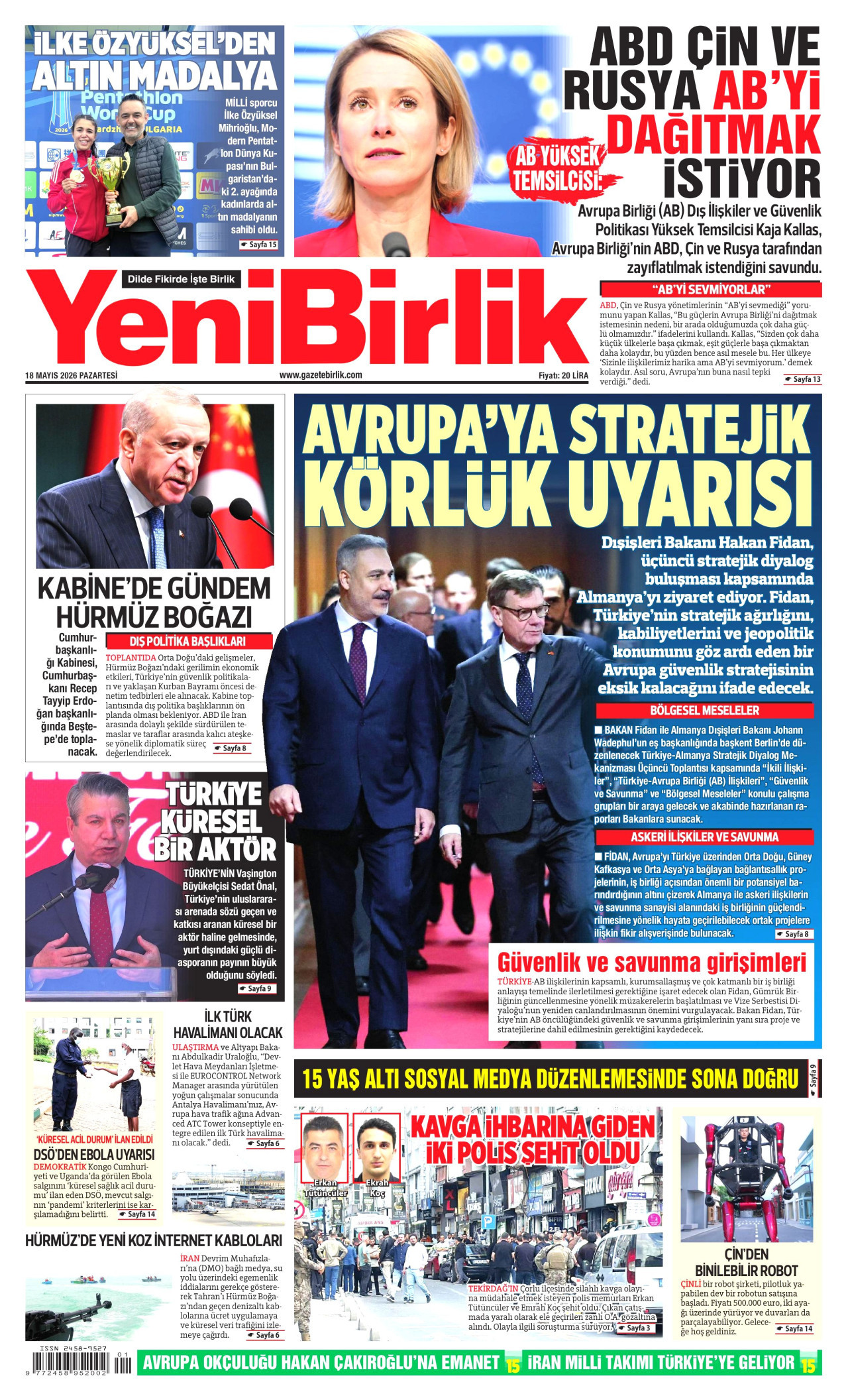 YeniBirlik Gazetesi Manşeti - 18 Mayıs 2026 Birinci Sayfa