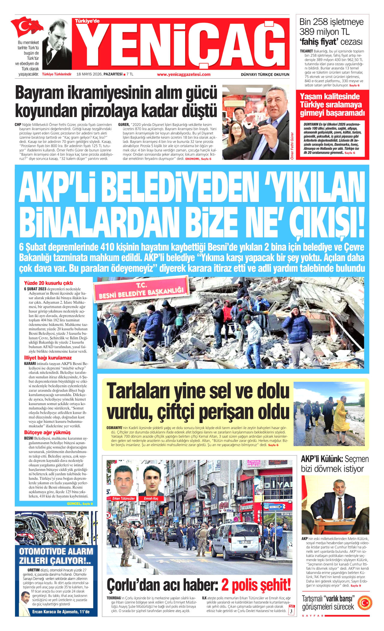 Yeniçağ Gazetesi Manşeti - 18 Mayıs 2026 Birinci Sayfa