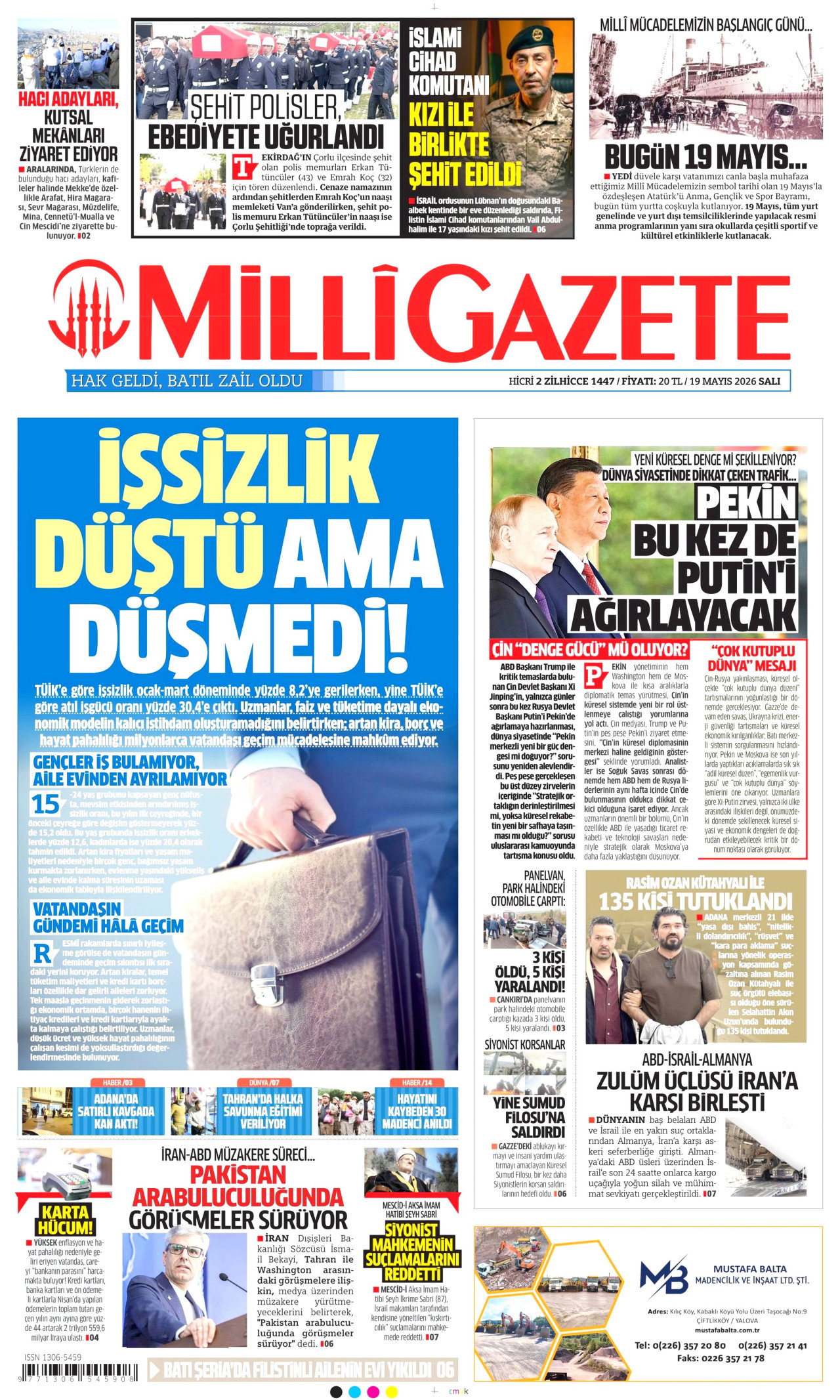 Milli Gazete Gazetesi Manşeti - 19 Mayıs 2026 Birinci Sayfa