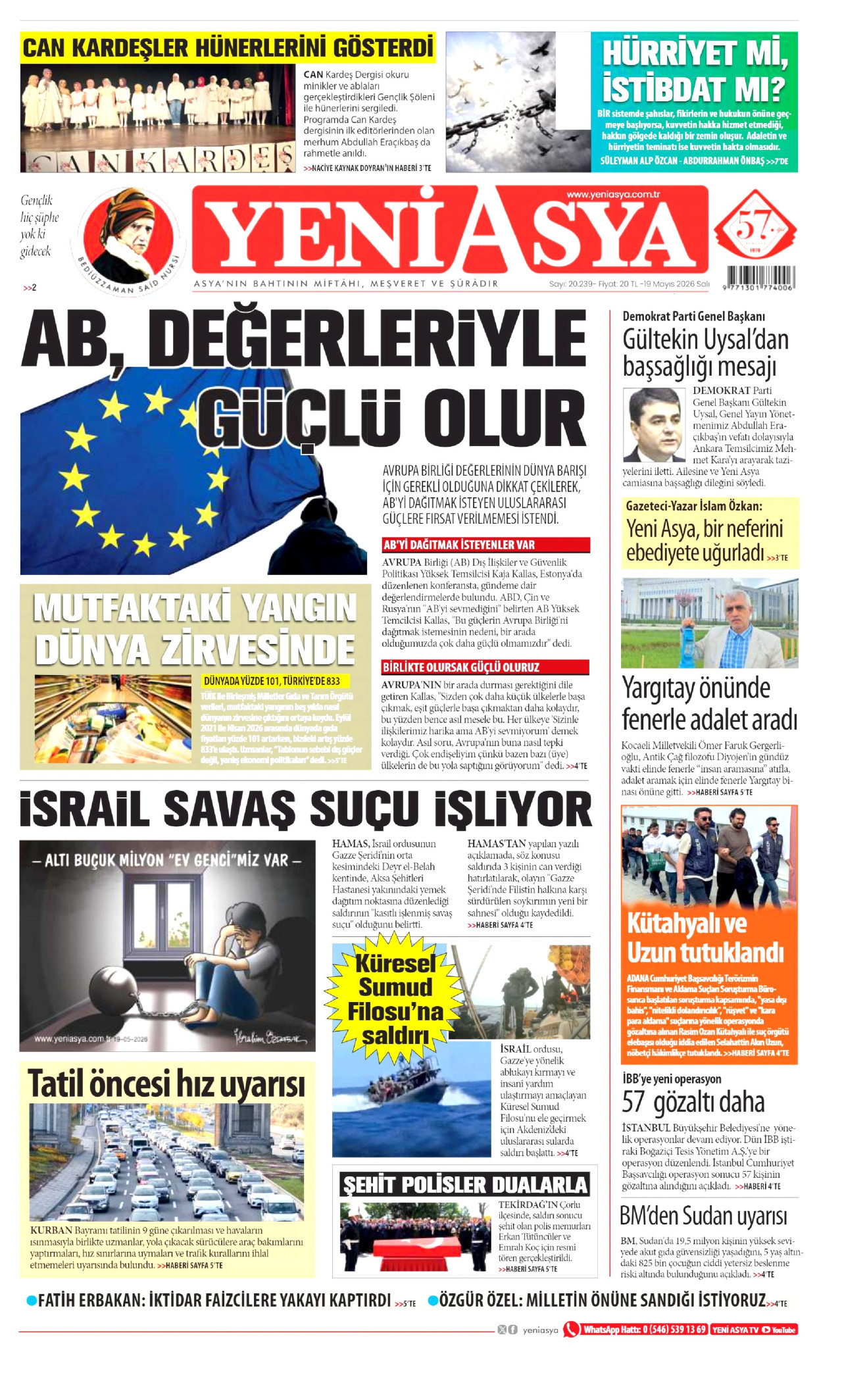 Yeni Asya Gazetesi Manşeti - 19 Mayıs 2026 Birinci Sayfa