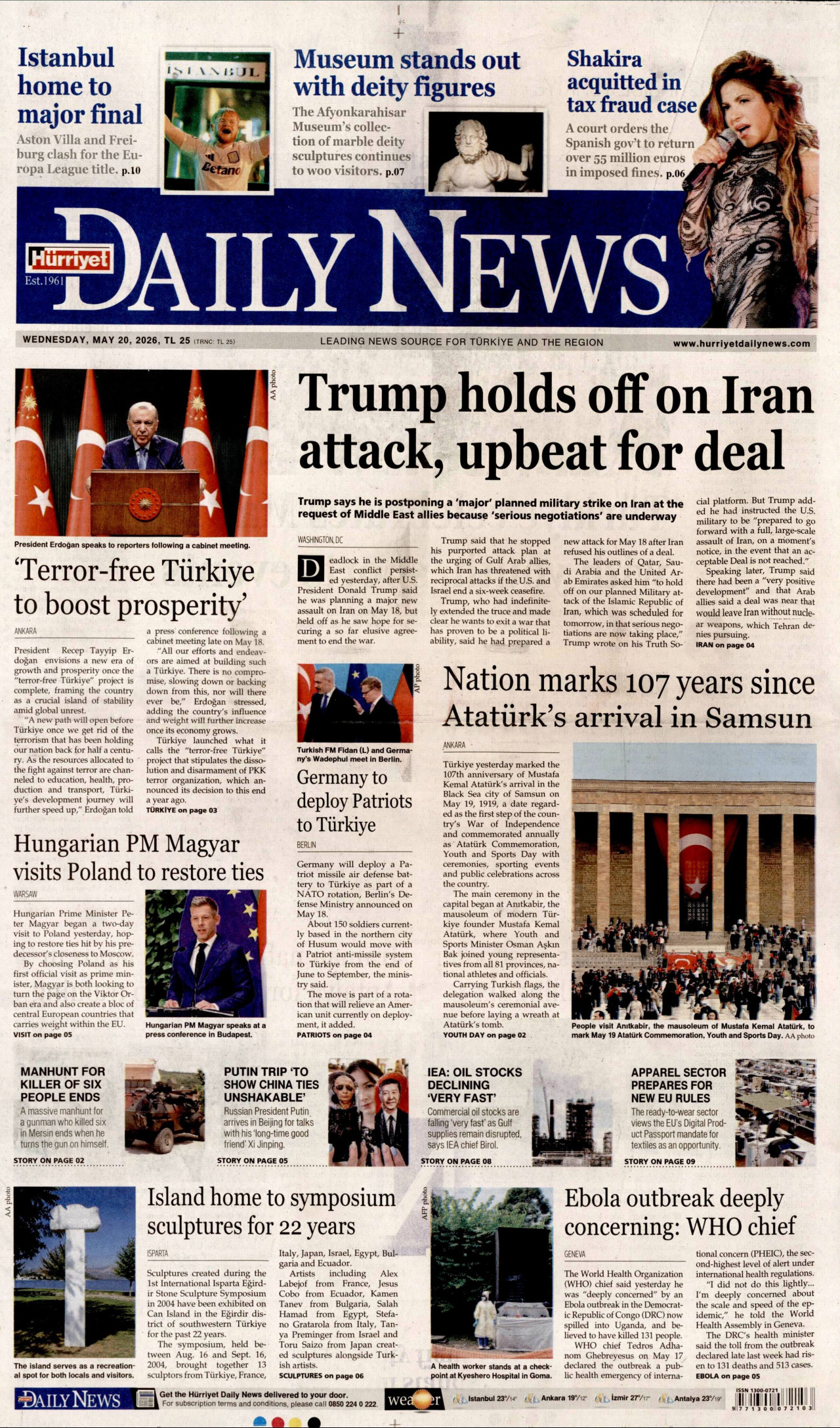 Hürriyet Daily News Gazetesi Manşeti - 20 Mayıs 2026 Birinci Sayfa