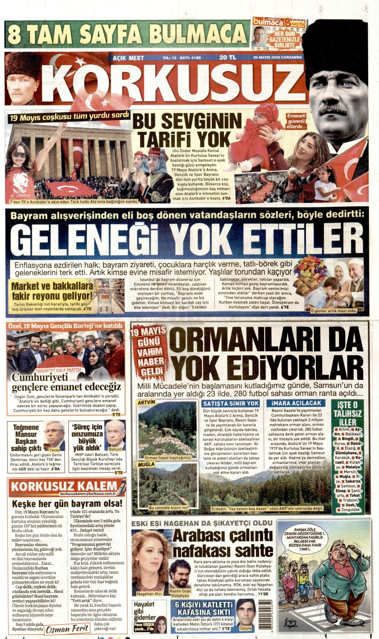 Korkusuz Gazetesi Manşeti - 20 Mayıs 2026 Birinci Sayfa