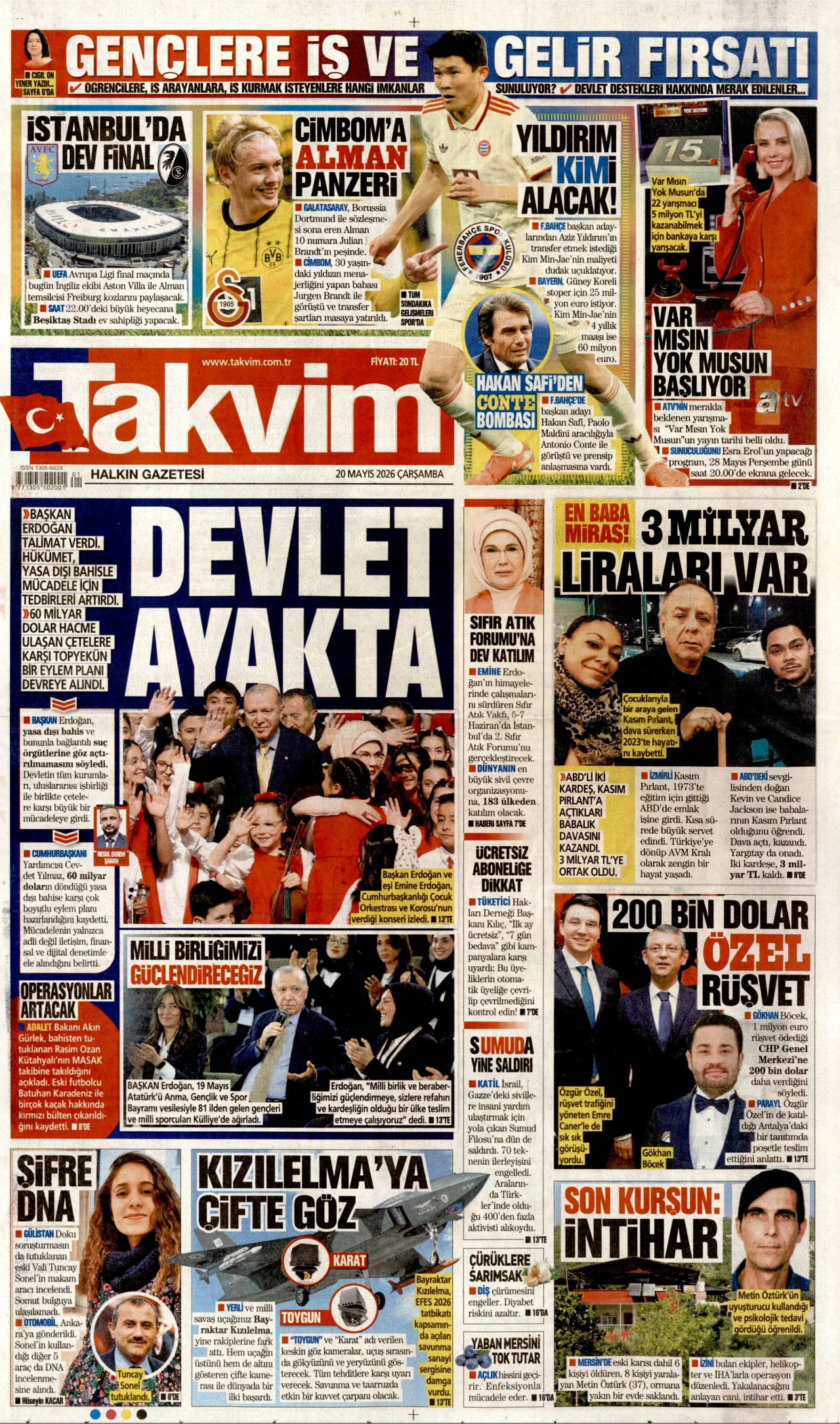 Takvim Gazetesi Manşeti - 20 Mayıs 2026 Birinci Sayfa