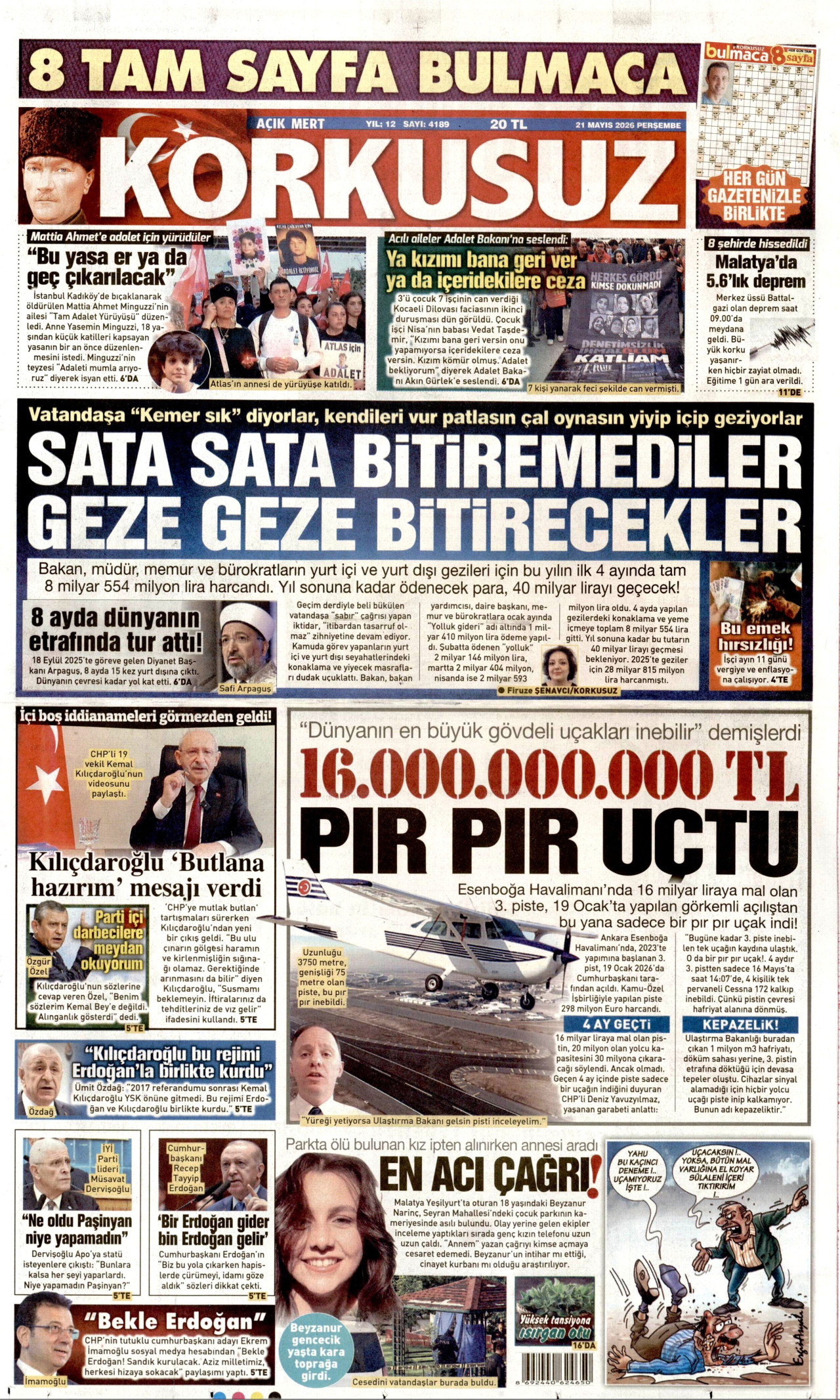 Korkusuz Gazetesi Manşeti - 21 Mayıs 2026 Birinci Sayfa