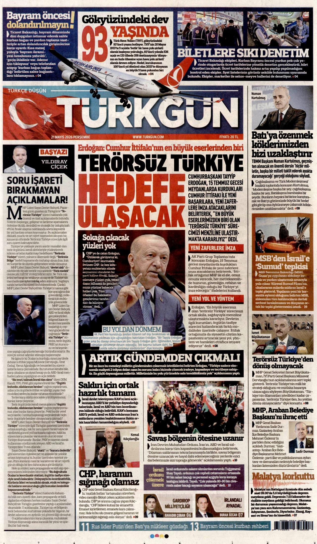 Türkgün Gazetesi Manşeti - 21 Mayıs 2026 Birinci Sayfa