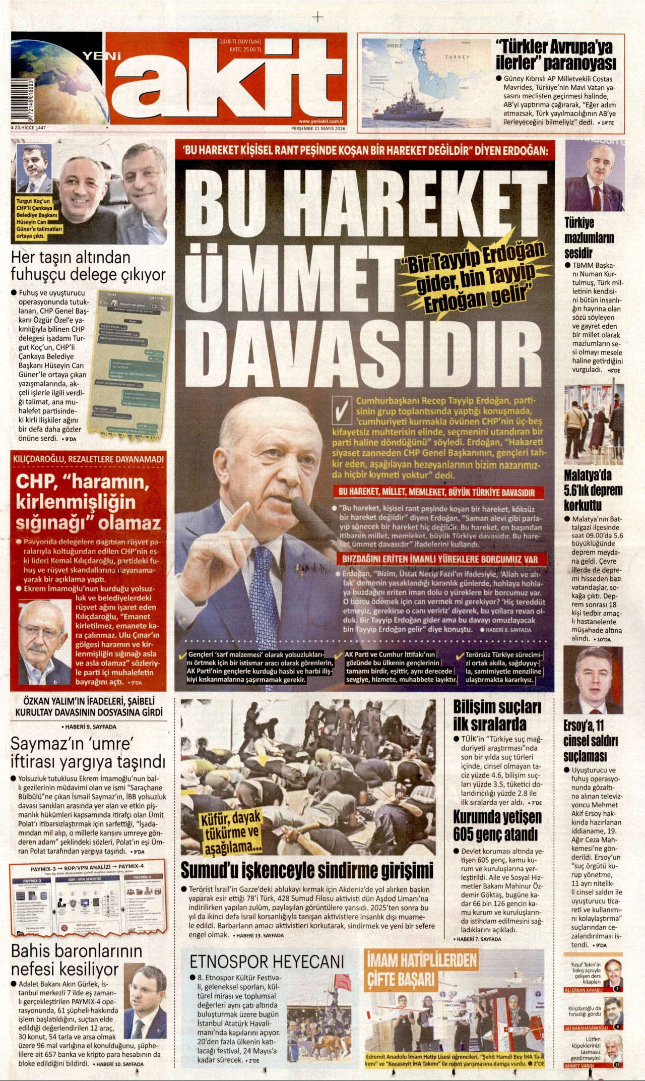 Yeni Akit Gazetesi Manşeti - 21 Mayıs 2026 Birinci Sayfa