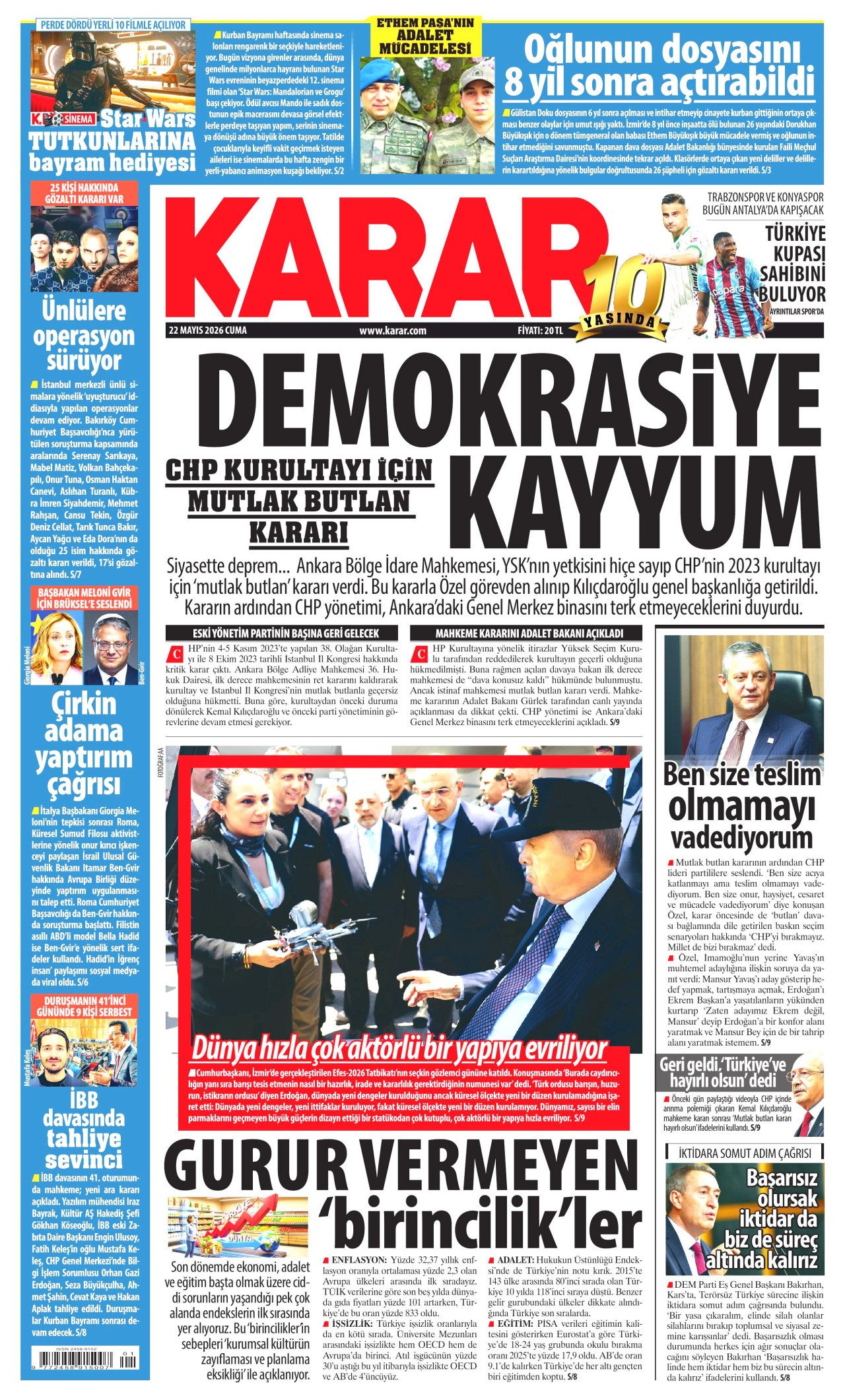 Karar Gazetesi Manşeti - 22 Mayıs 2026 Birinci Sayfa