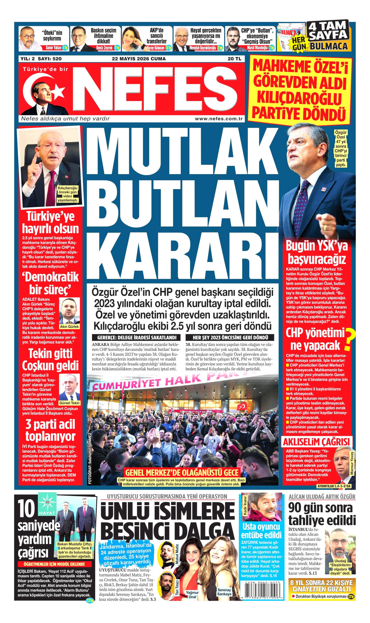 Nefes Gazetesi Manşeti - 22 Mayıs 2026 Birinci Sayfa