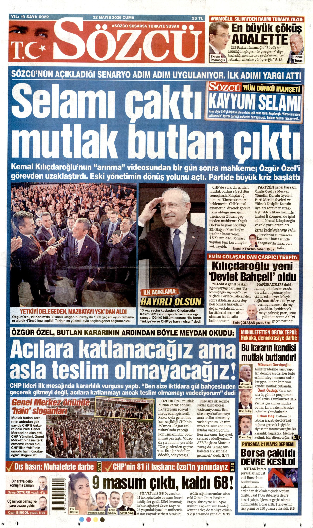 Sözcü Gazetesi Manşeti - 22 Mayıs 2026 Birinci Sayfa