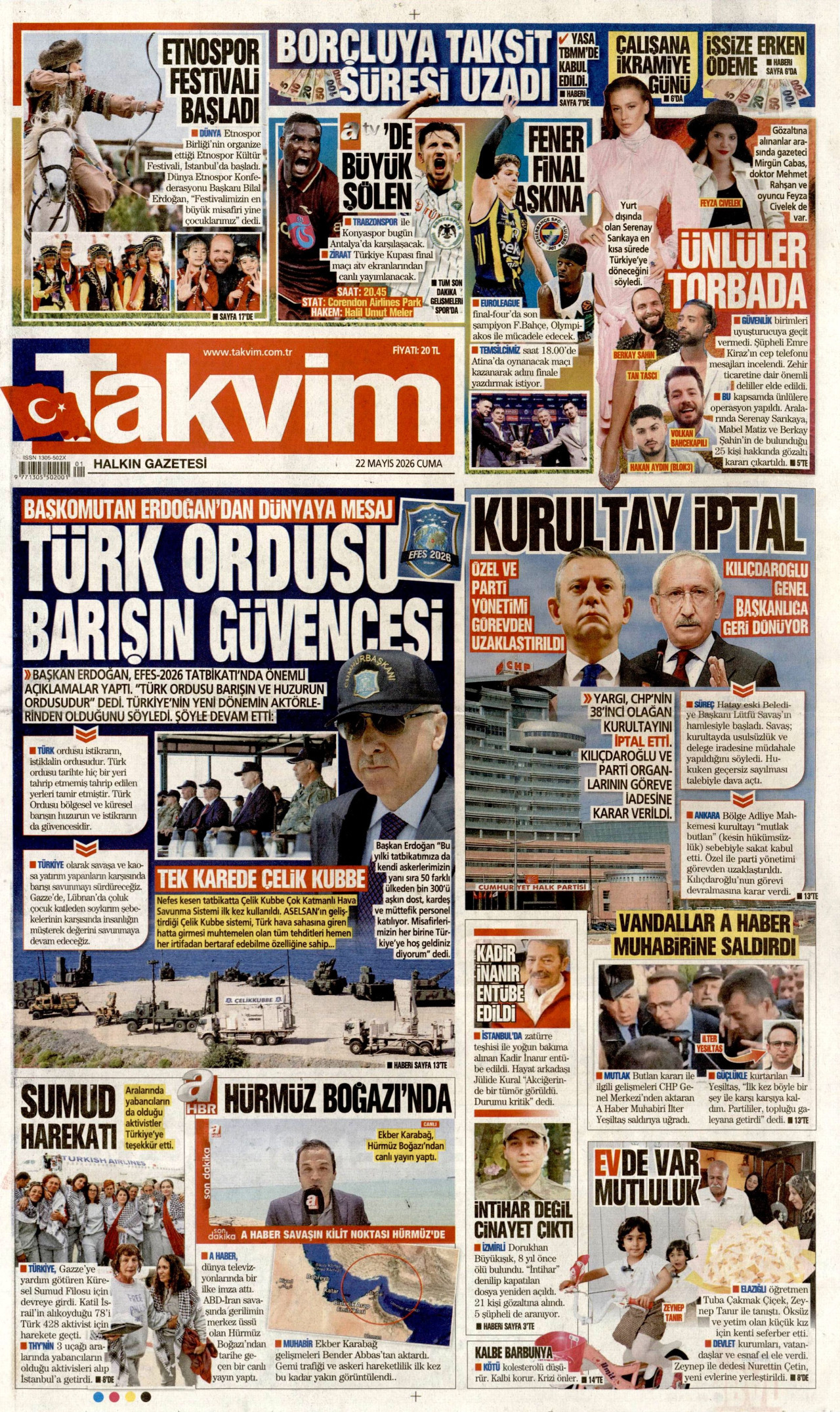 Takvim Gazetesi Manşeti - 22 Mayıs 2026 Birinci Sayfa