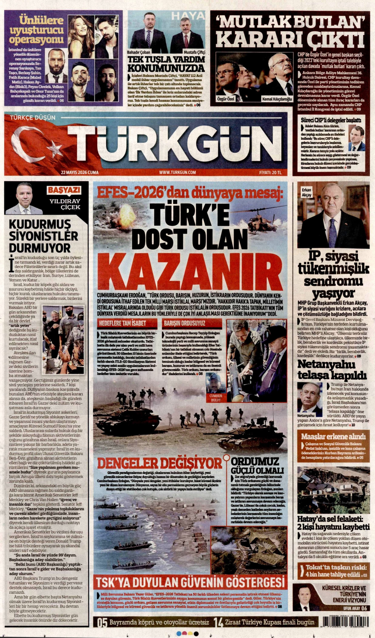 Türkgün Gazetesi Manşeti - 22 Mayıs 2026 Birinci Sayfa