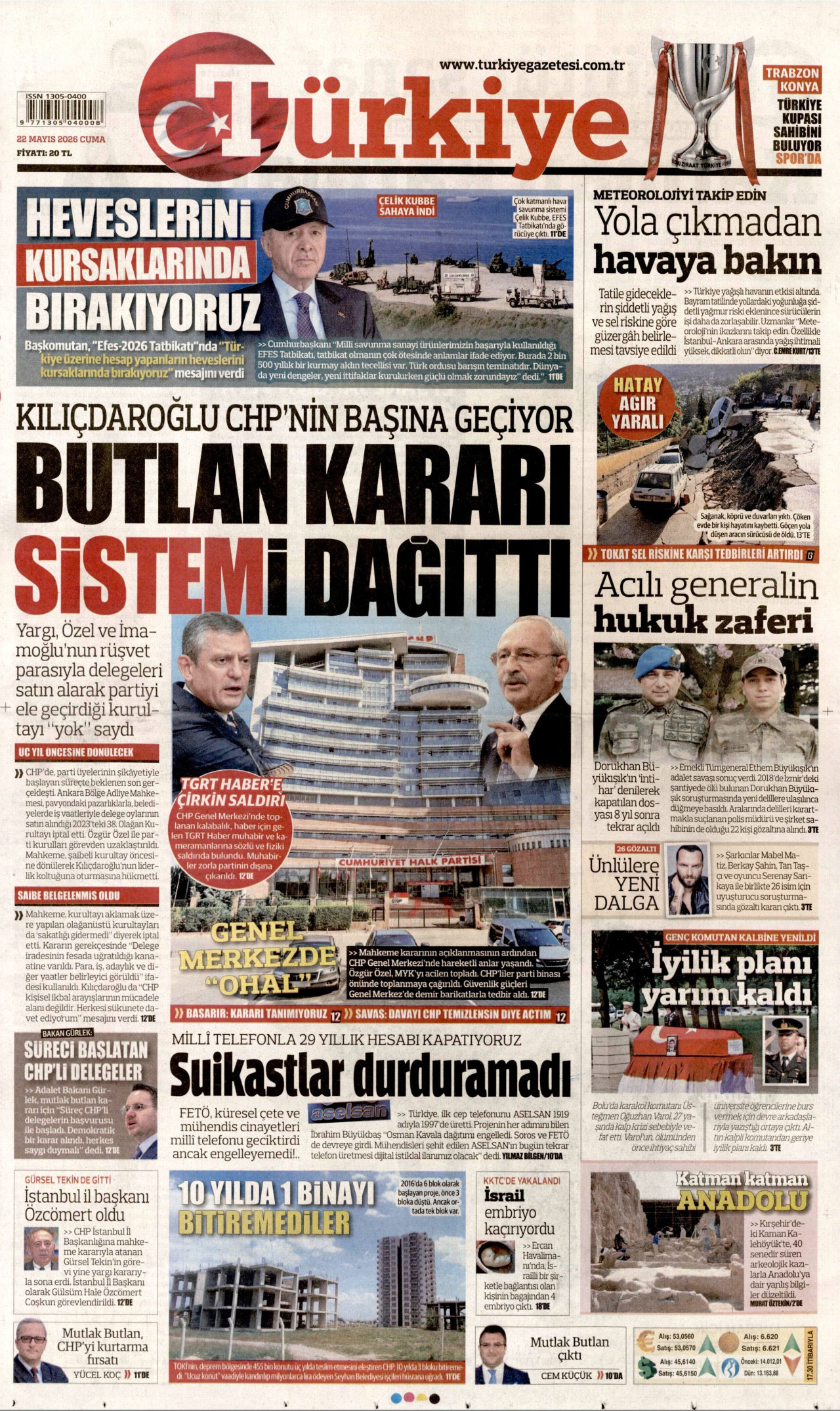 Türkiye Gazetesi Gazetesi Manşeti - 22 Mayıs 2026 Birinci Sayfa