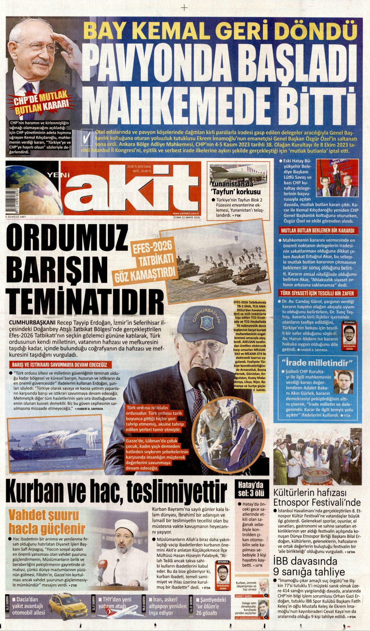 Yeni Akit Gazetesi Manşeti - 22 Mayıs 2026 Birinci Sayfa
