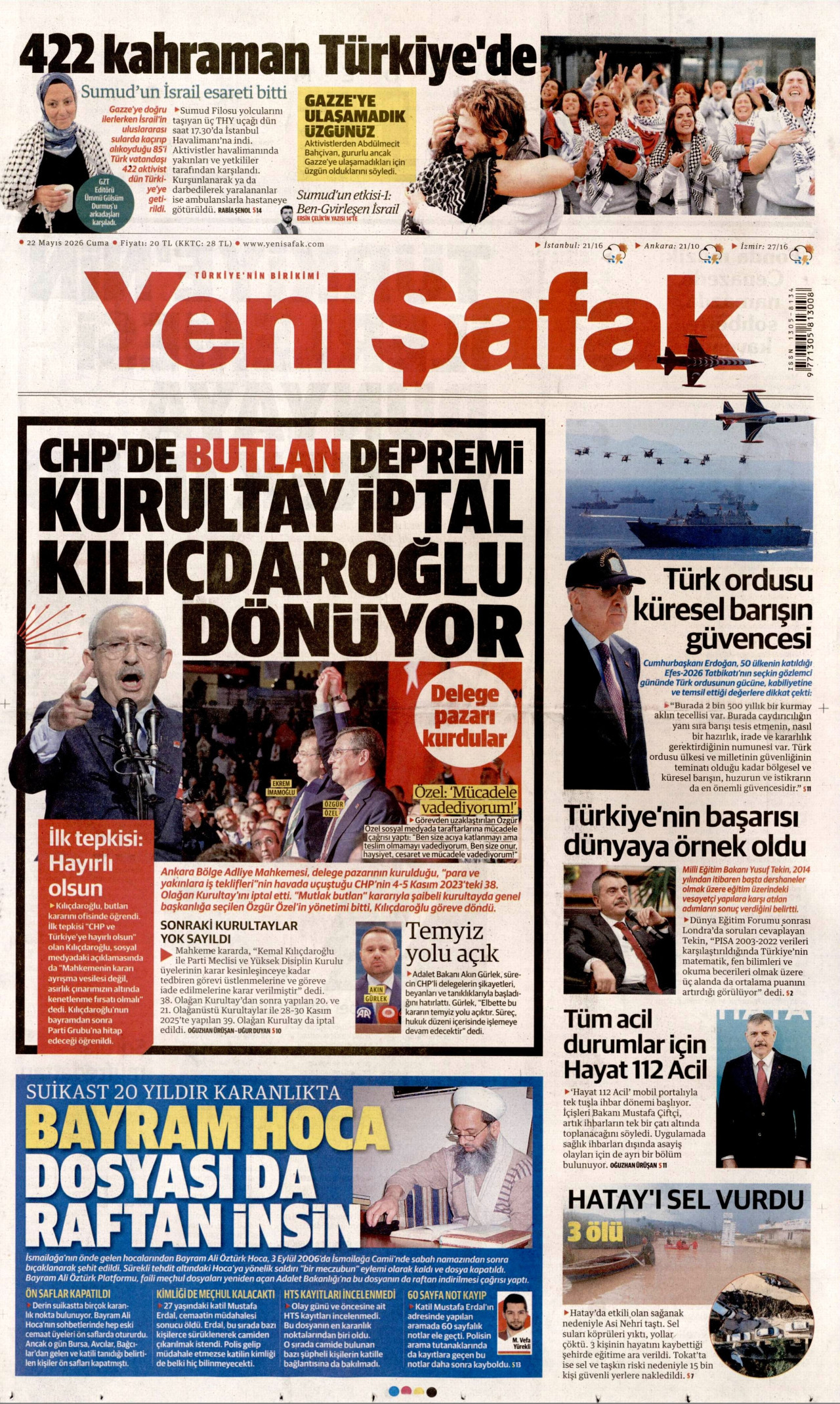 Yeni Şafak Gazetesi Manşeti - 22 Mayıs 2026 Birinci Sayfa