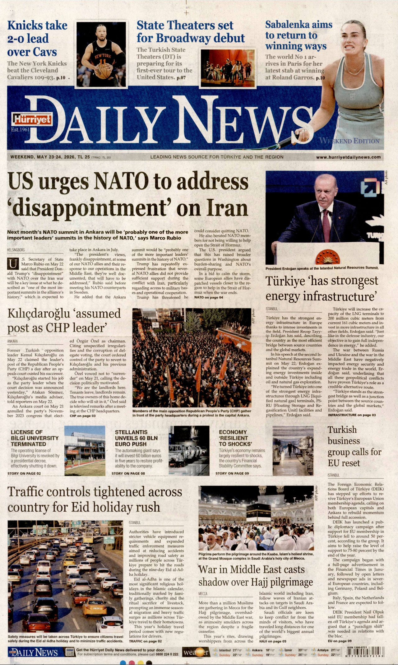 Hürriyet Daily News Gazetesi Manşeti - 23 Mayıs 2026 Birinci Sayfa
