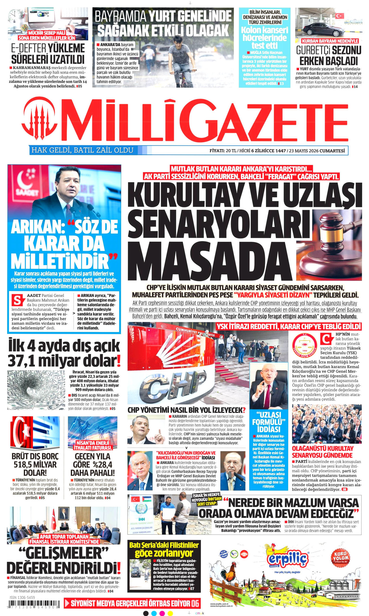 Milli Gazete Gazetesi Manşeti - 23 Mayıs 2026 Birinci Sayfa