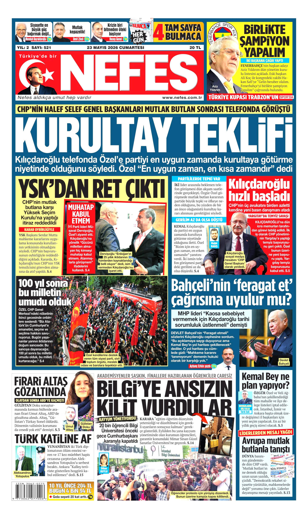 Nefes Gazetesi Manşeti - 23 Mayıs 2026 Birinci Sayfa