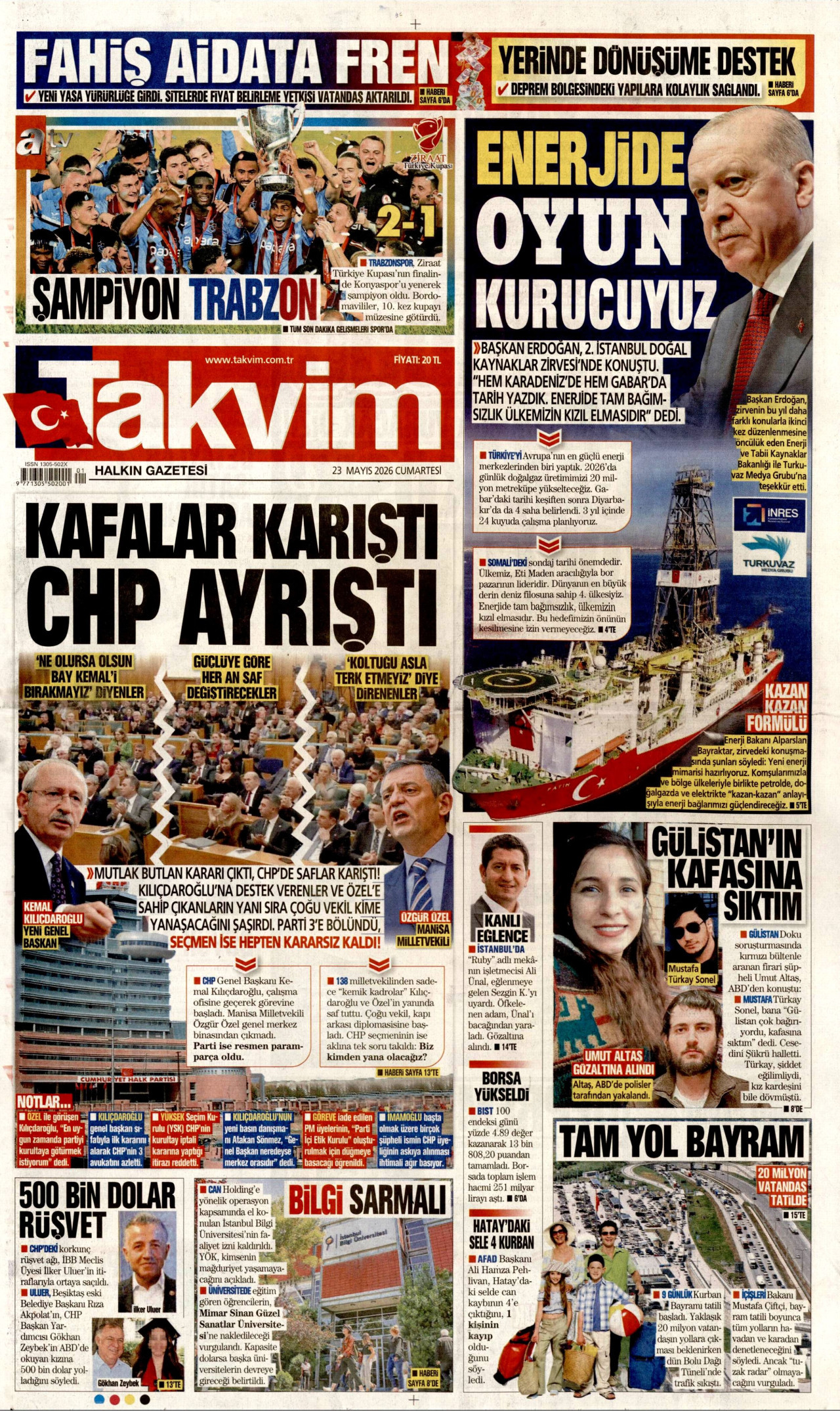 Takvim Gazetesi Manşeti - 23 Mayıs 2026 Birinci Sayfa