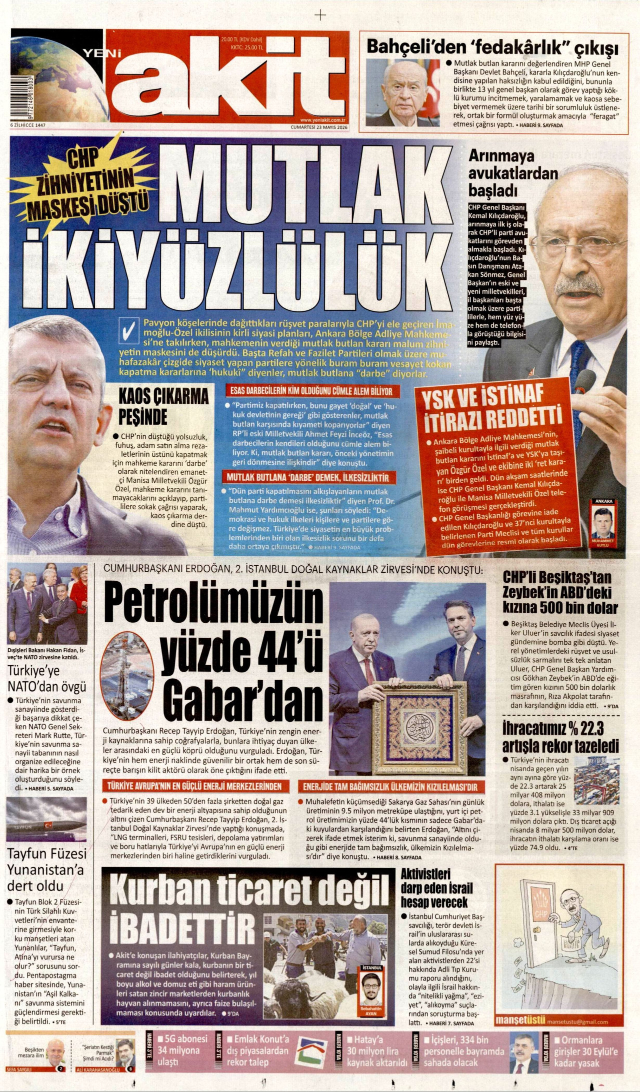 Yeni Akit Gazetesi Manşeti - 23 Mayıs 2026 Birinci Sayfa