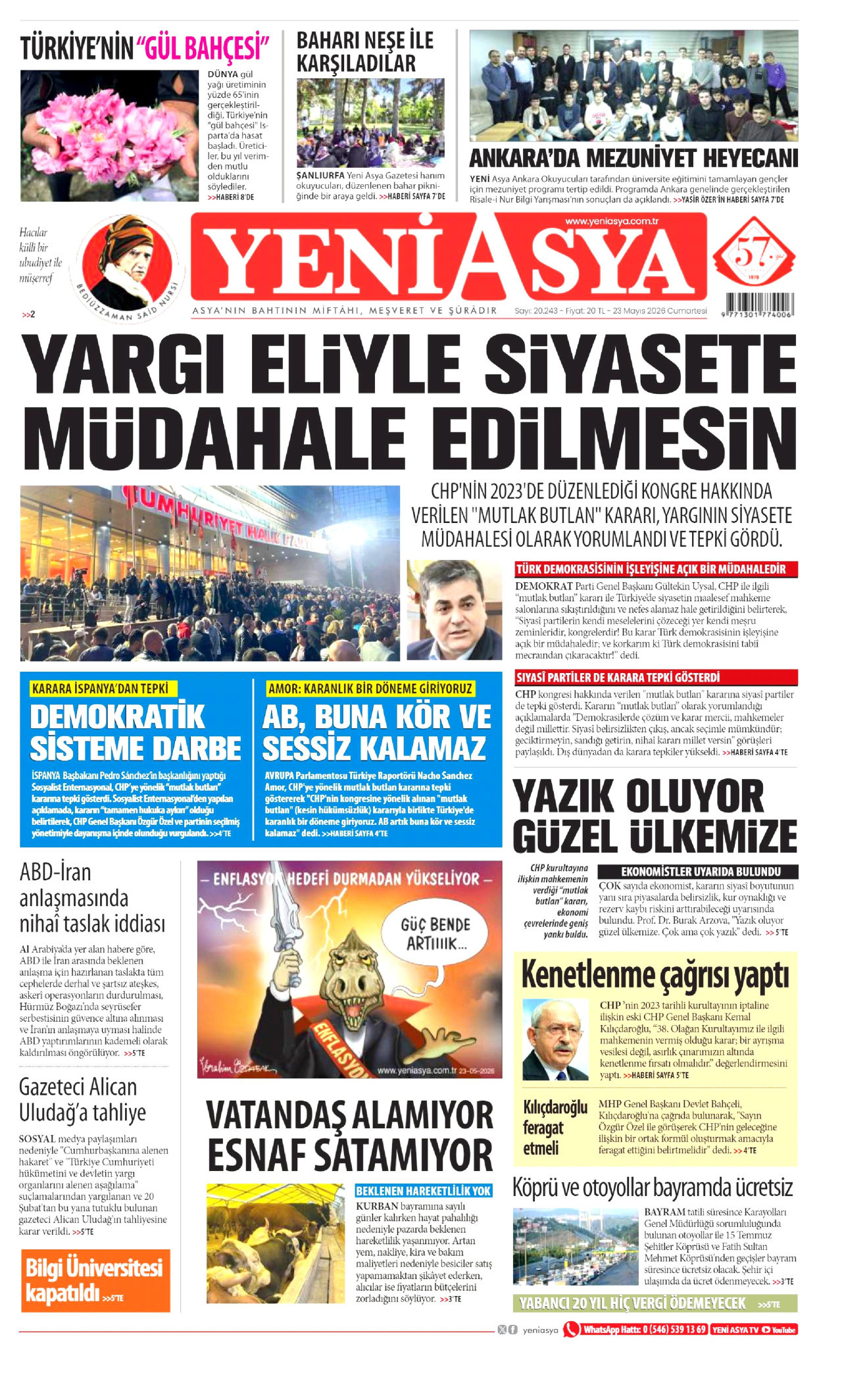 Yeni Asya Gazetesi Manşeti - 23 Mayıs 2026 Birinci Sayfa