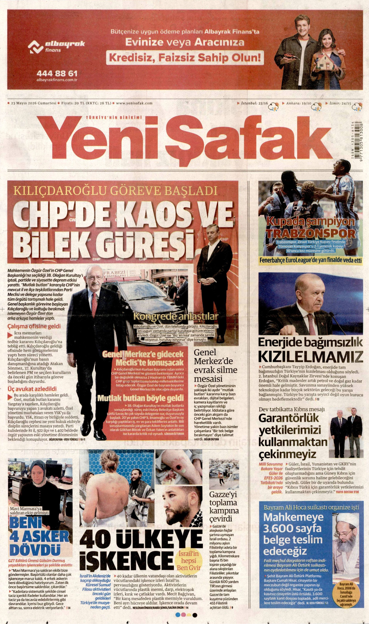 Yeni Şafak Gazetesi Manşeti - 23 Mayıs 2026 Birinci Sayfa