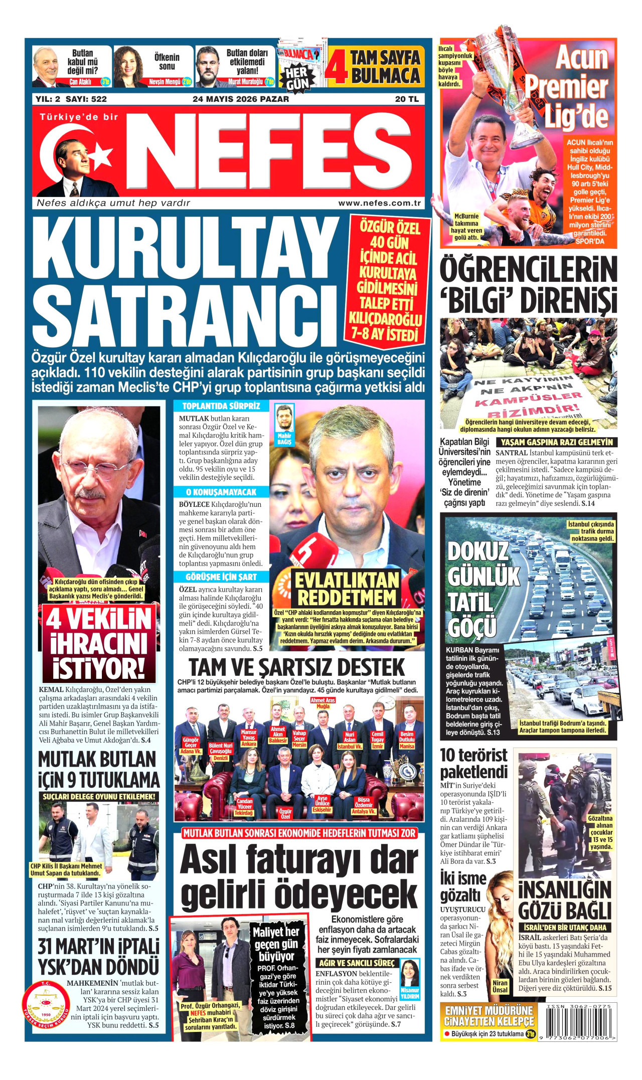 Nefes Gazetesi Manşeti - 24 Mayıs 2026 Birinci Sayfa