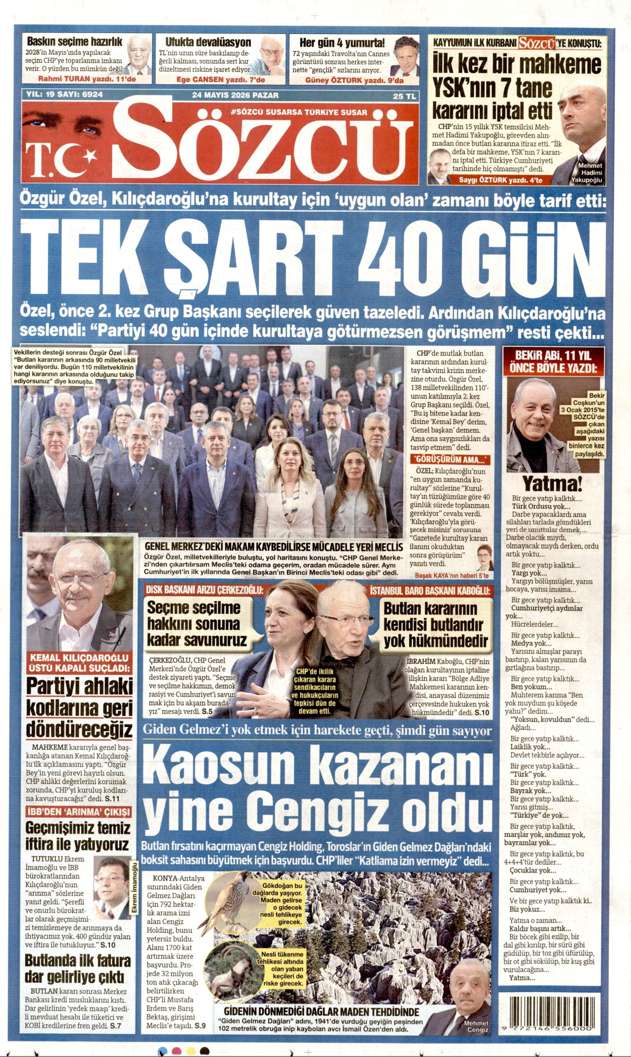 Sözcü Gazetesi Manşeti - 24 Mayıs 2026 Birinci Sayfa