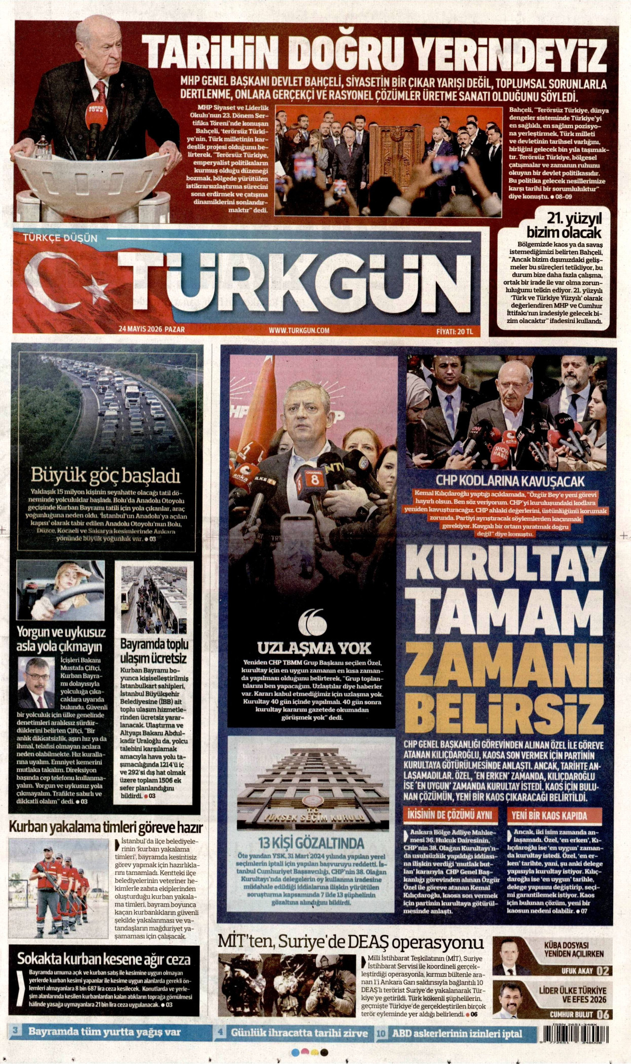 Türkgün Gazetesi Manşeti - 24 Mayıs 2026 Birinci Sayfa