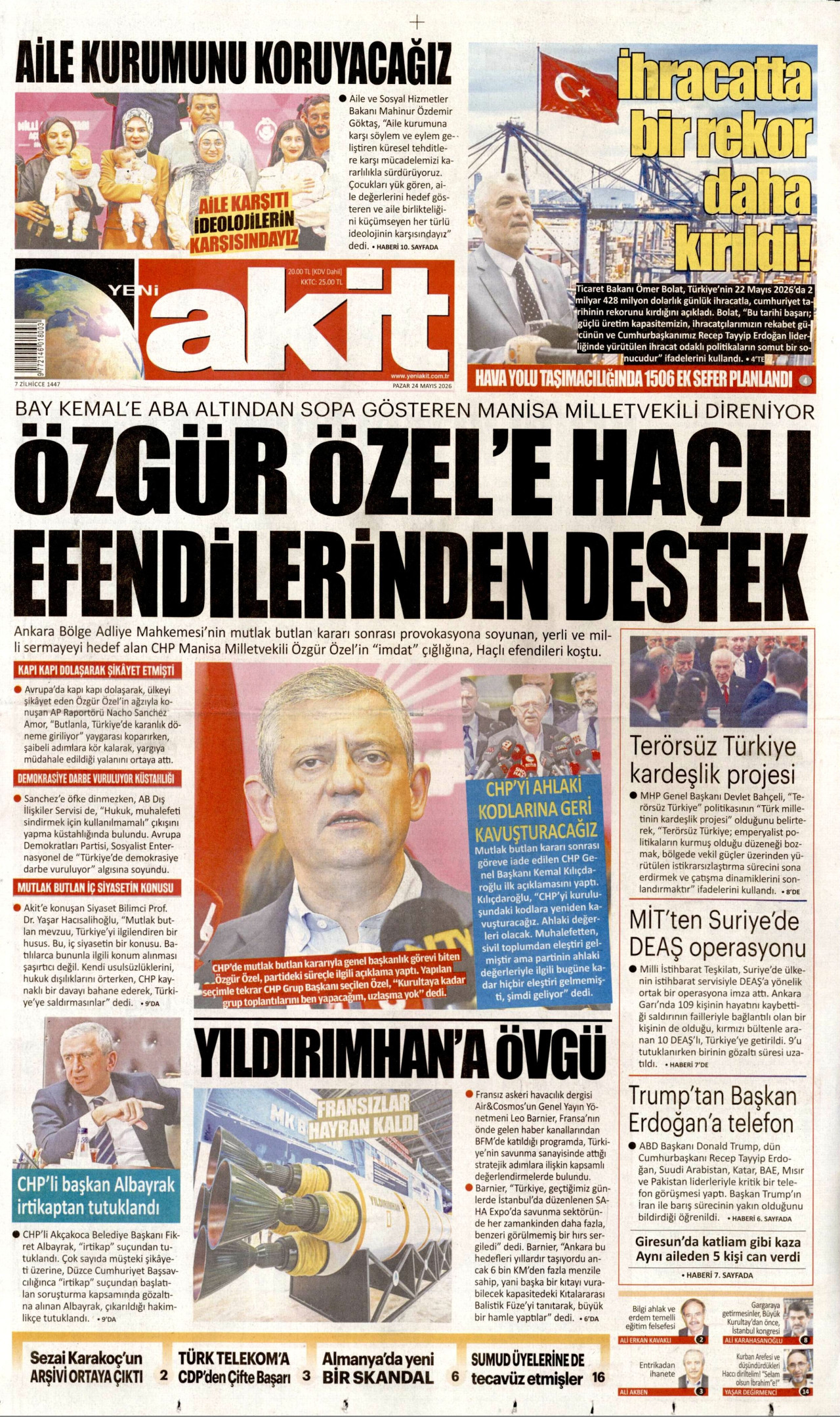 Yeni Akit Gazetesi Manşeti - 24 Mayıs 2026 Birinci Sayfa