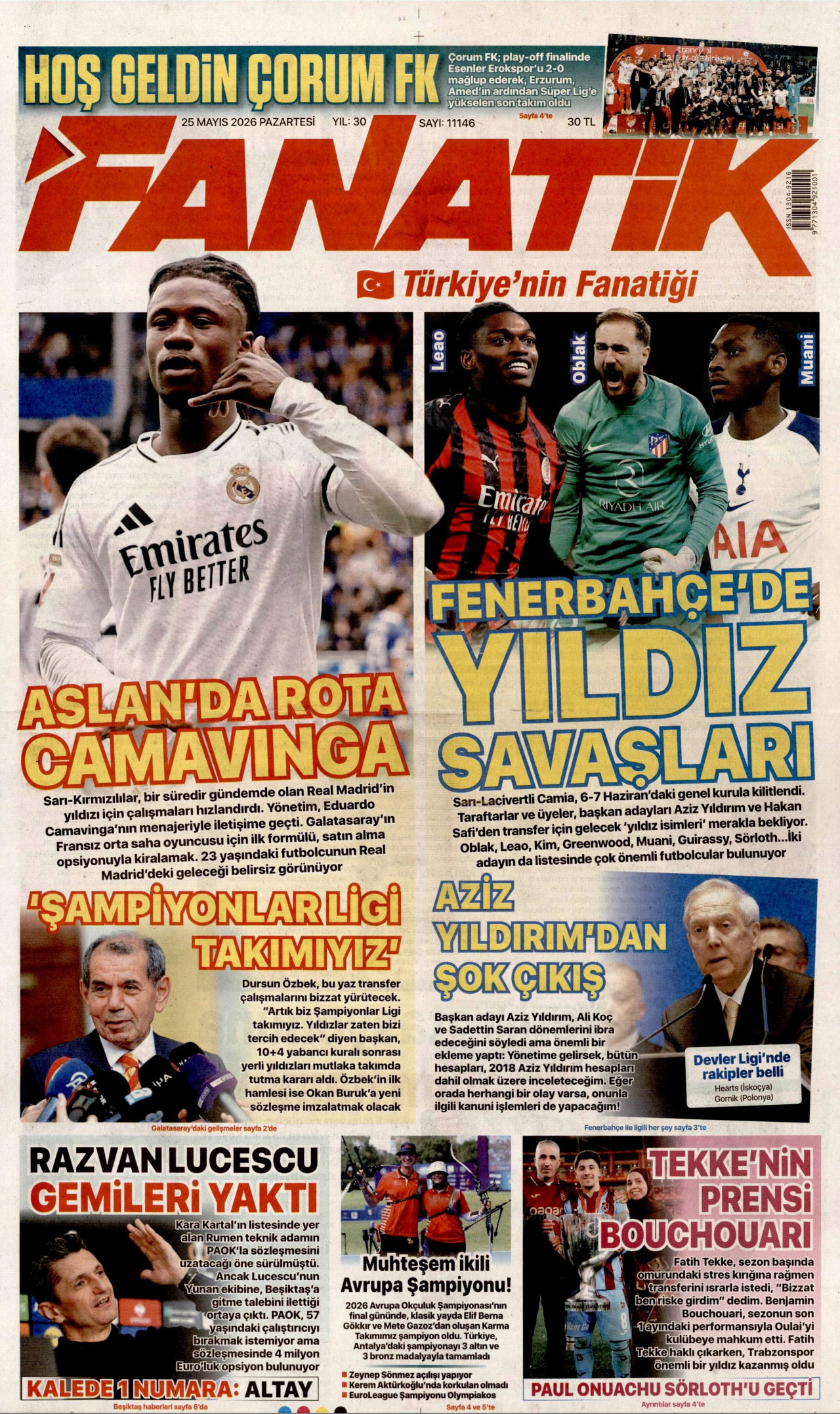 Fanatik Gazetesi Manşeti - 25 Mayıs 2026 Birinci Sayfa