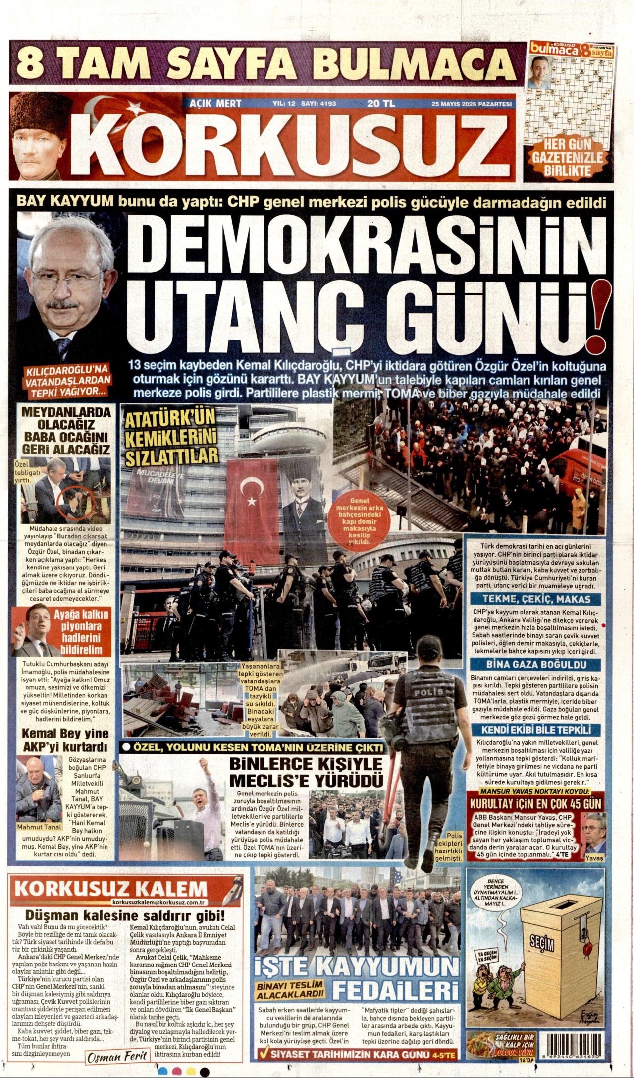 Korkusuz Gazetesi Manşeti - 25 Mayıs 2026 Birinci Sayfa