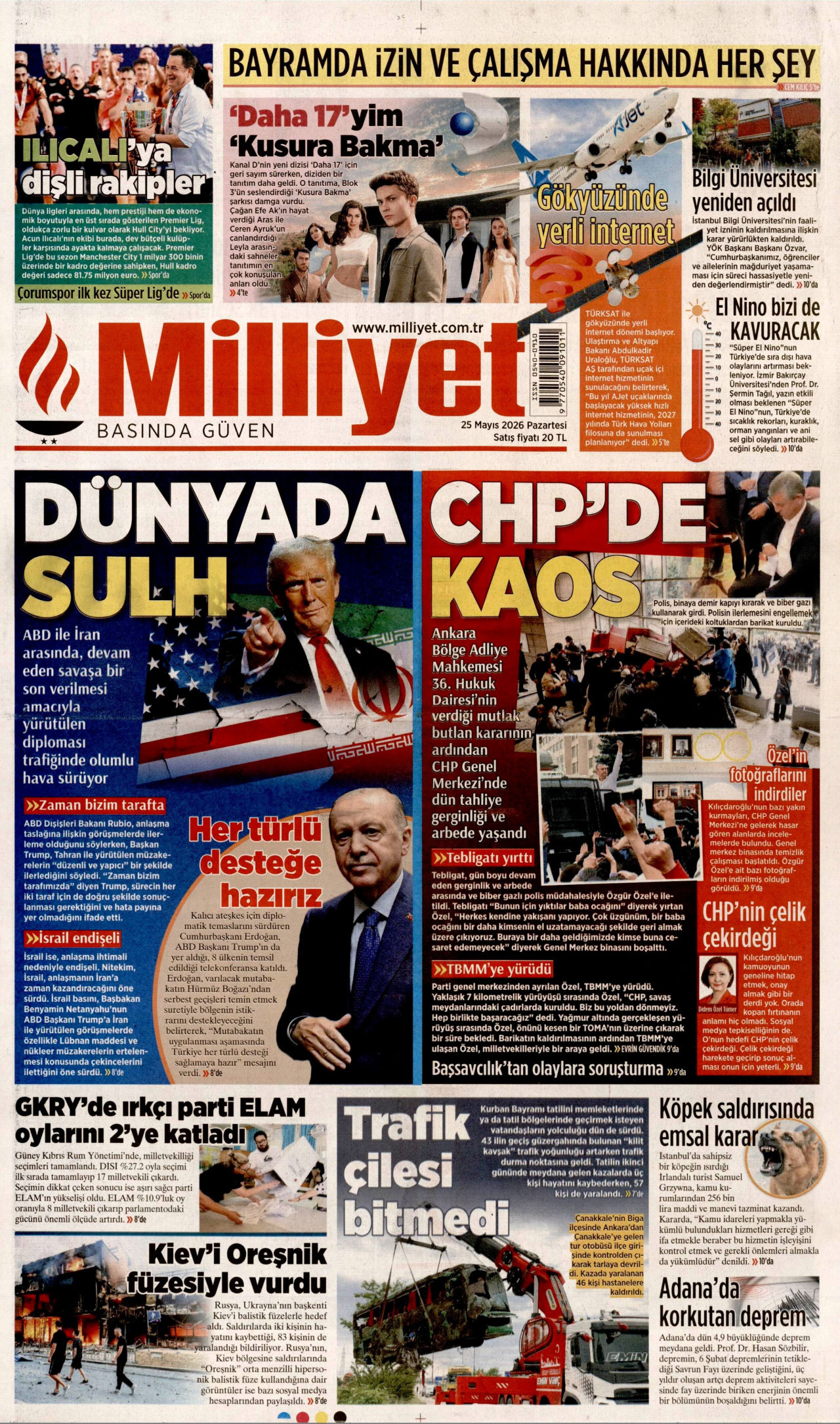 Milliyet Gazetesi Manşeti - 25 Mayıs 2026 Birinci Sayfa
