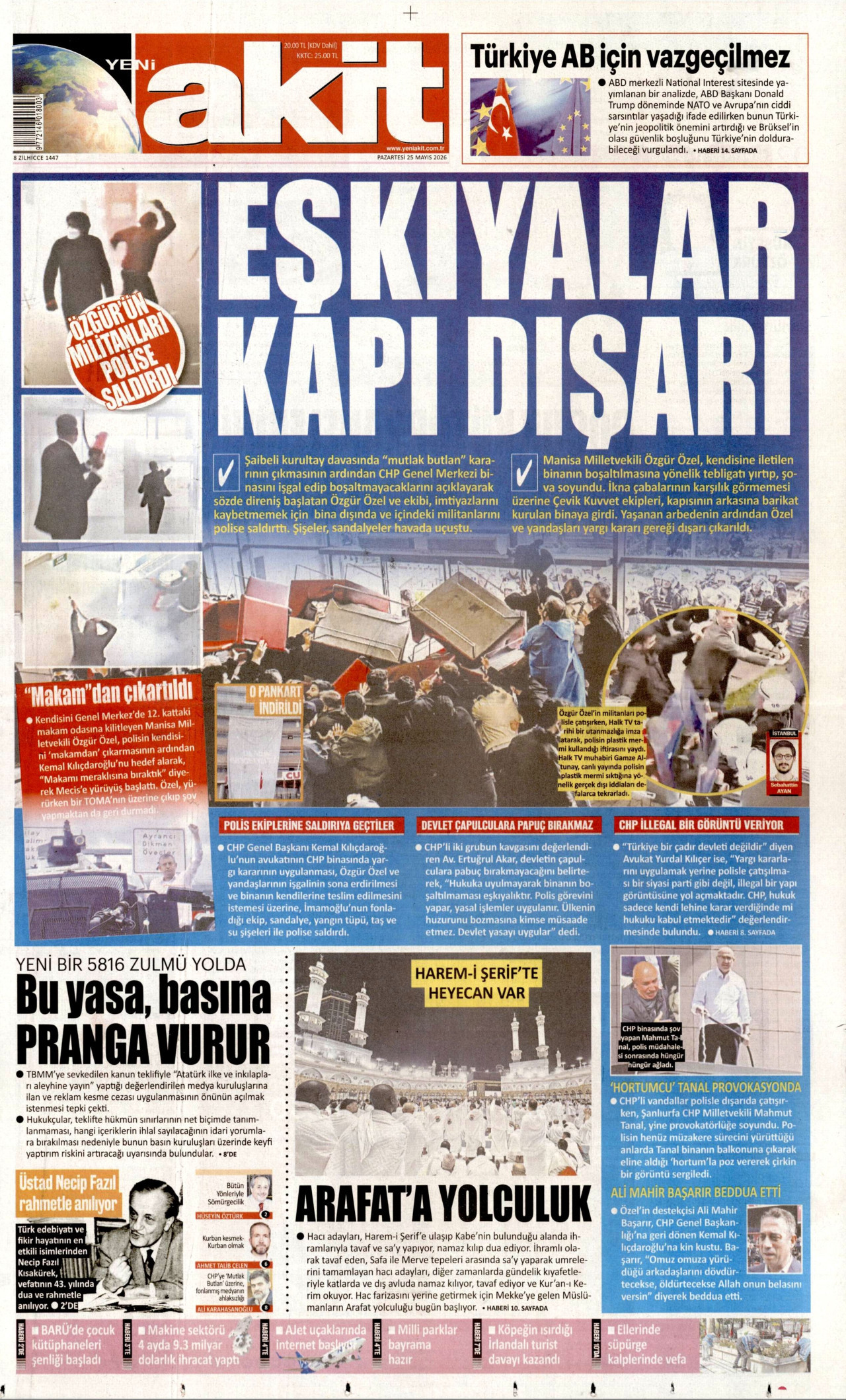 Yeni Akit Gazetesi Manşeti - 25.05.2026