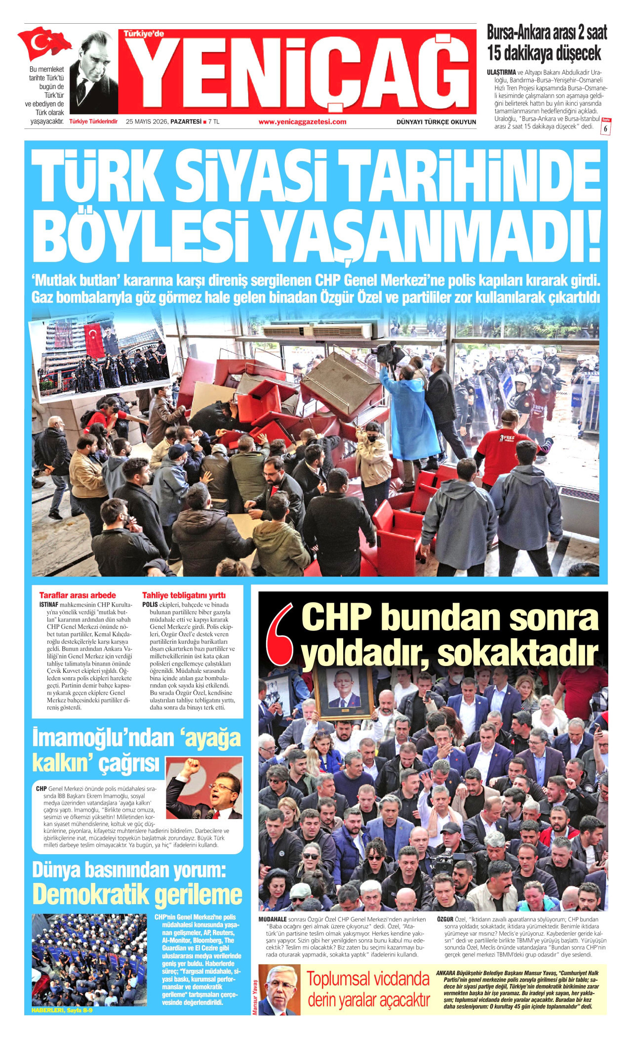 Yeniçağ Gazetesi Manşeti - 25 Mayıs 2026 Birinci Sayfa