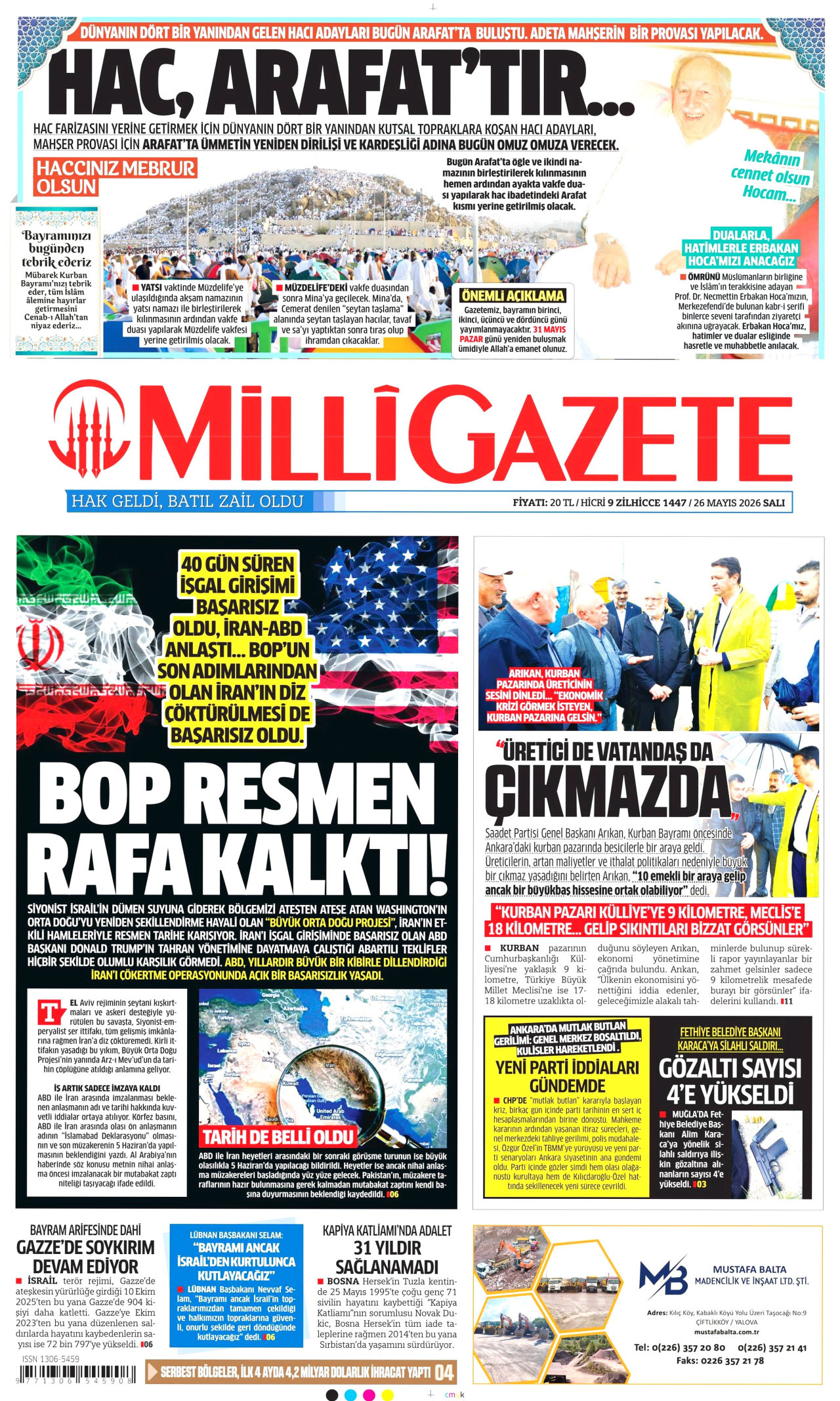 Milli Gazete Gazetesi Manşeti - 26 Mayıs 2026 Birinci Sayfa