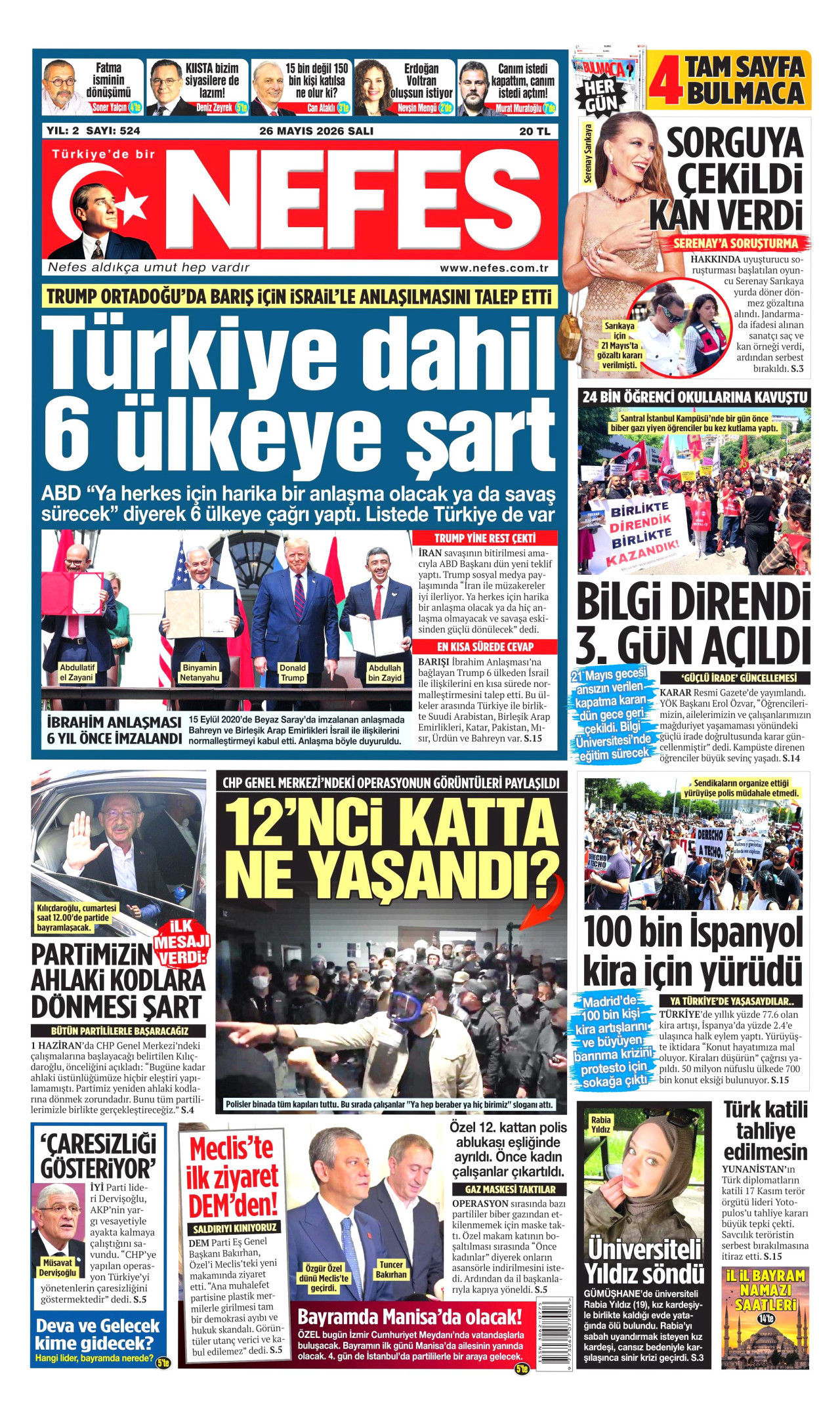 Nefes Gazetesi Manşeti - 26 Mayıs 2026 Birinci Sayfa